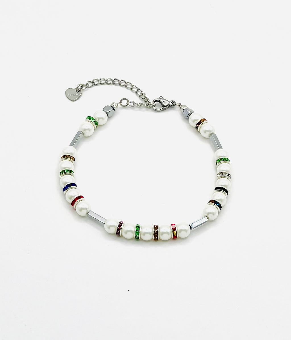 White Natural Stone & Multicolour Rhinestone Bracelet| Silver-Plated Clasp