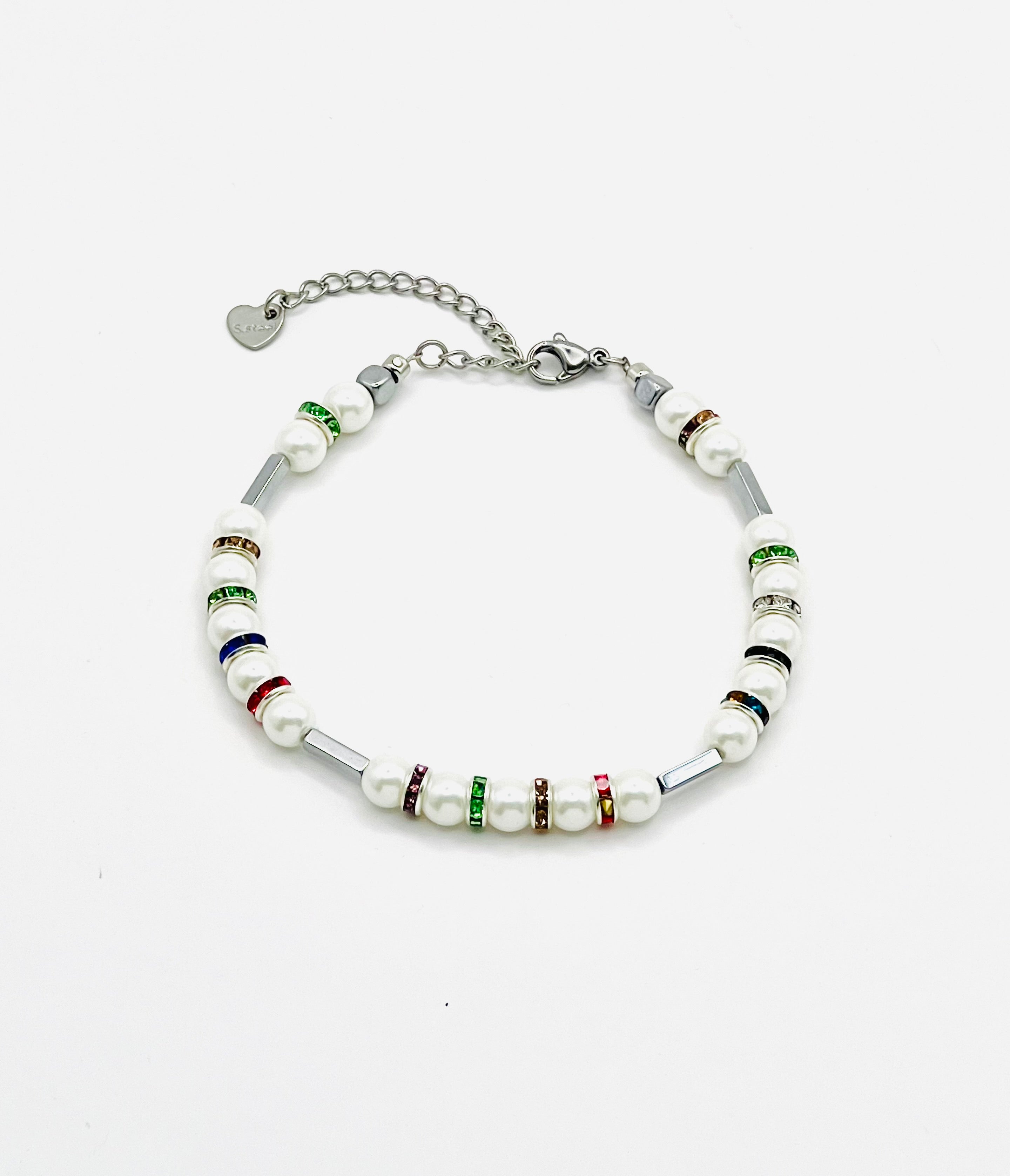 White Natural Stone & Multicolour Rhinestone Bracelet| Silver-Plated Clasp