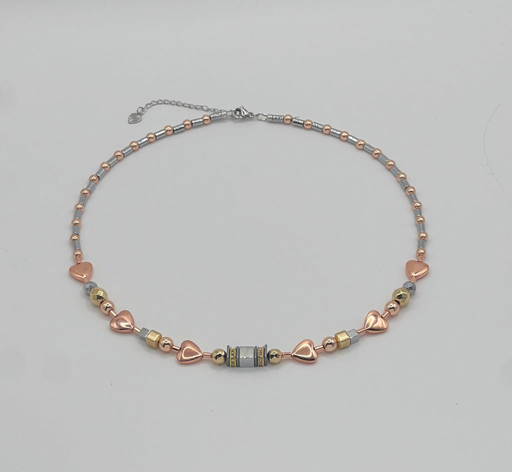 Silver, Gold & Rose Natural Stone Crystal Glass Necklace with Stainless Steel