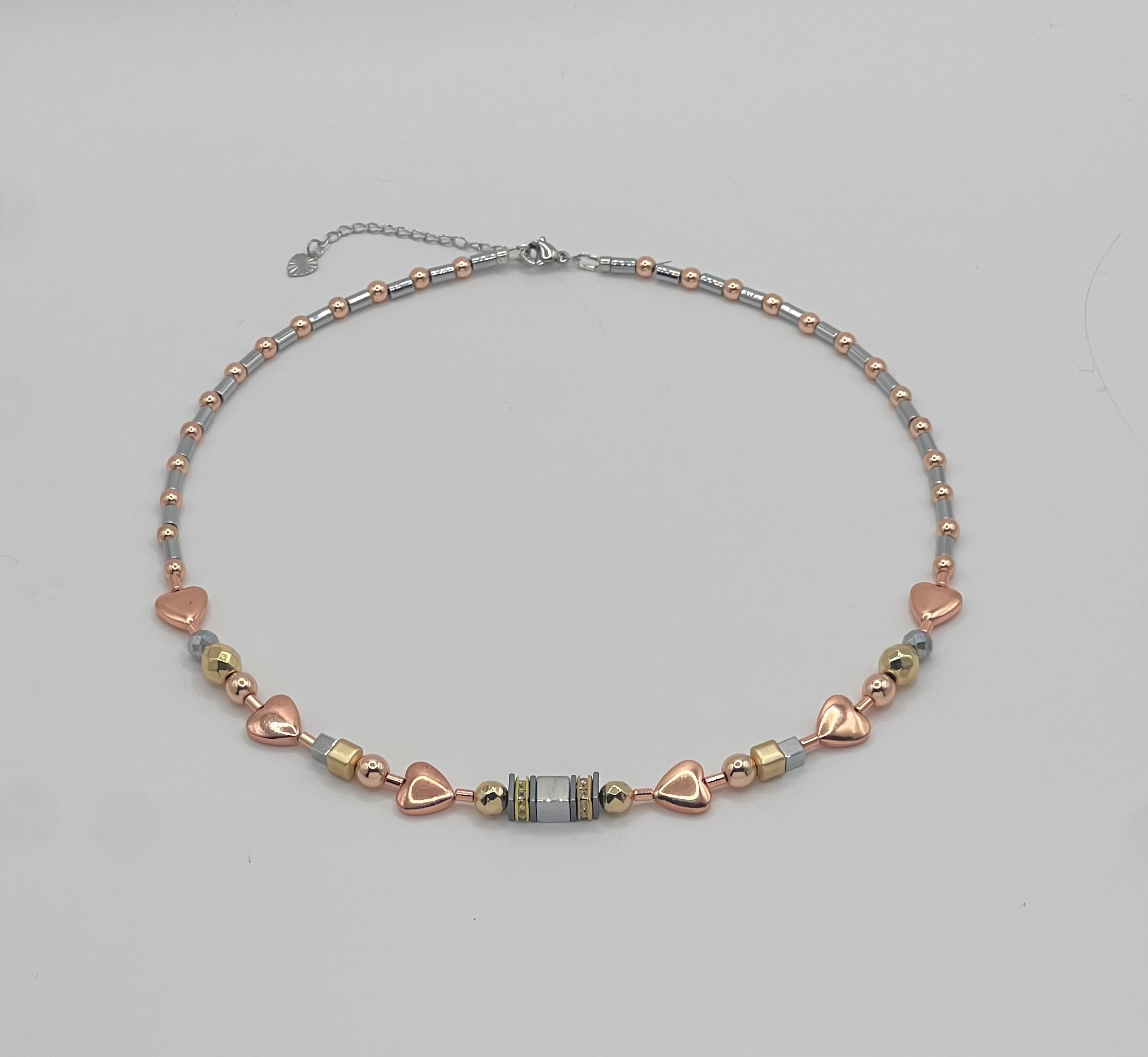 Silver, Gold & Rose Natural Stone Crystal Glass Necklace with Stainless Steel