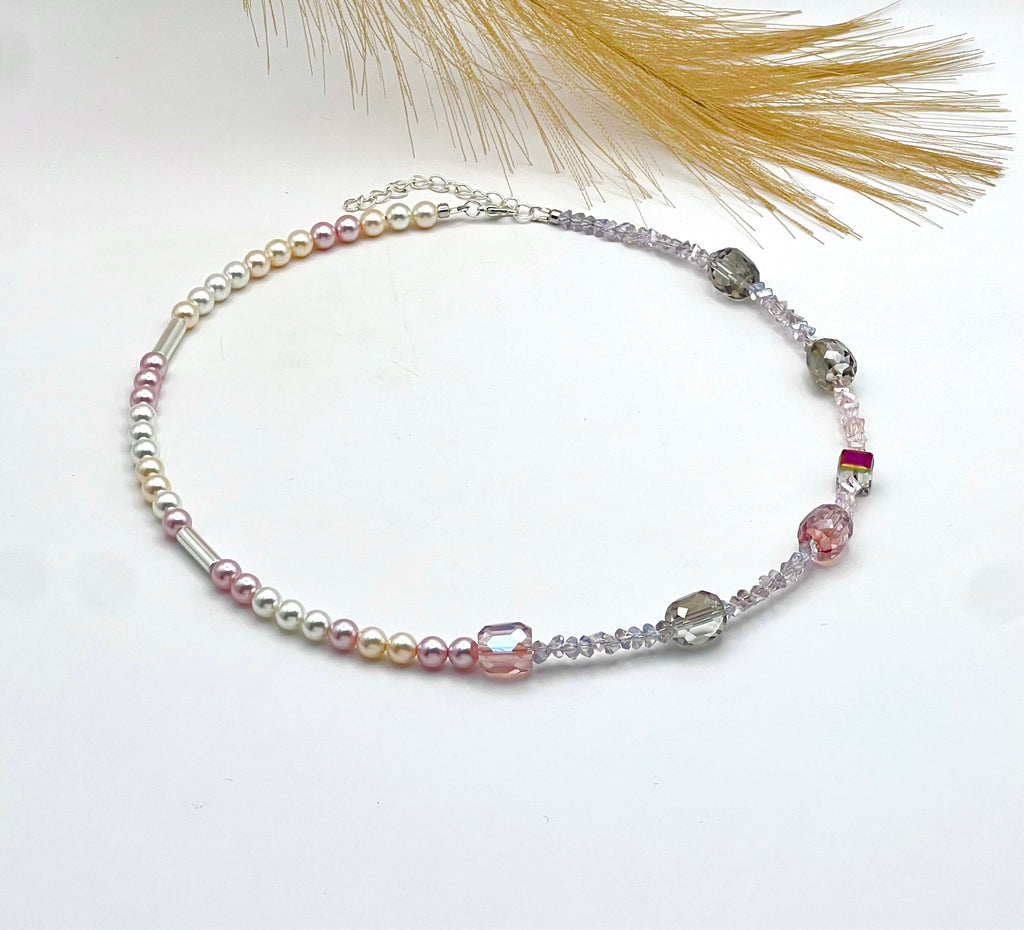 Lily of the Valley - Light pink and grey crystal glass stones necklace with a silver-plated lobster clasp