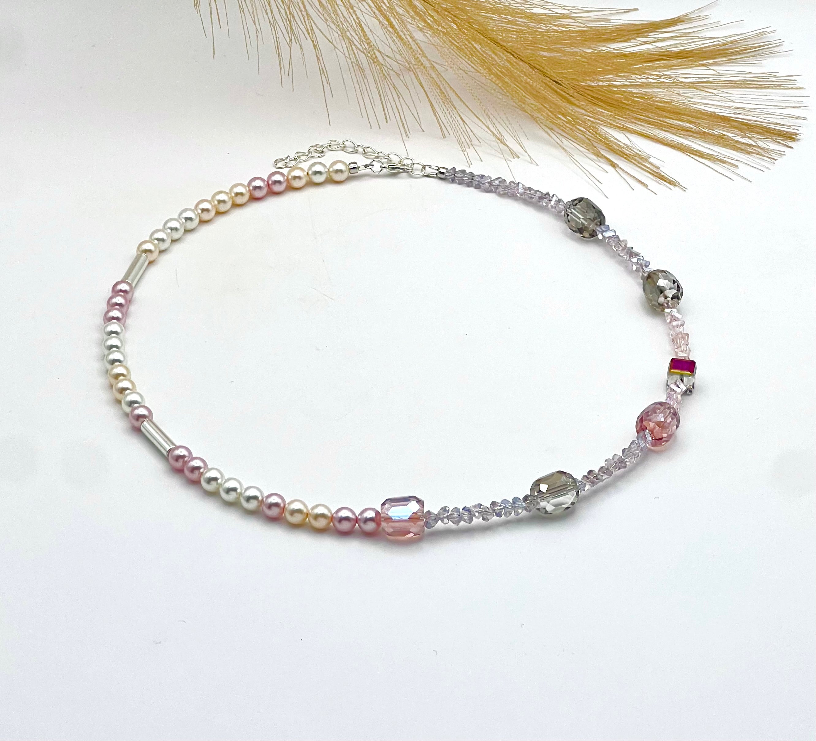 Lily of the Valley - Light pink and grey crystal glass stones necklace with a silver-plated lobster clasp