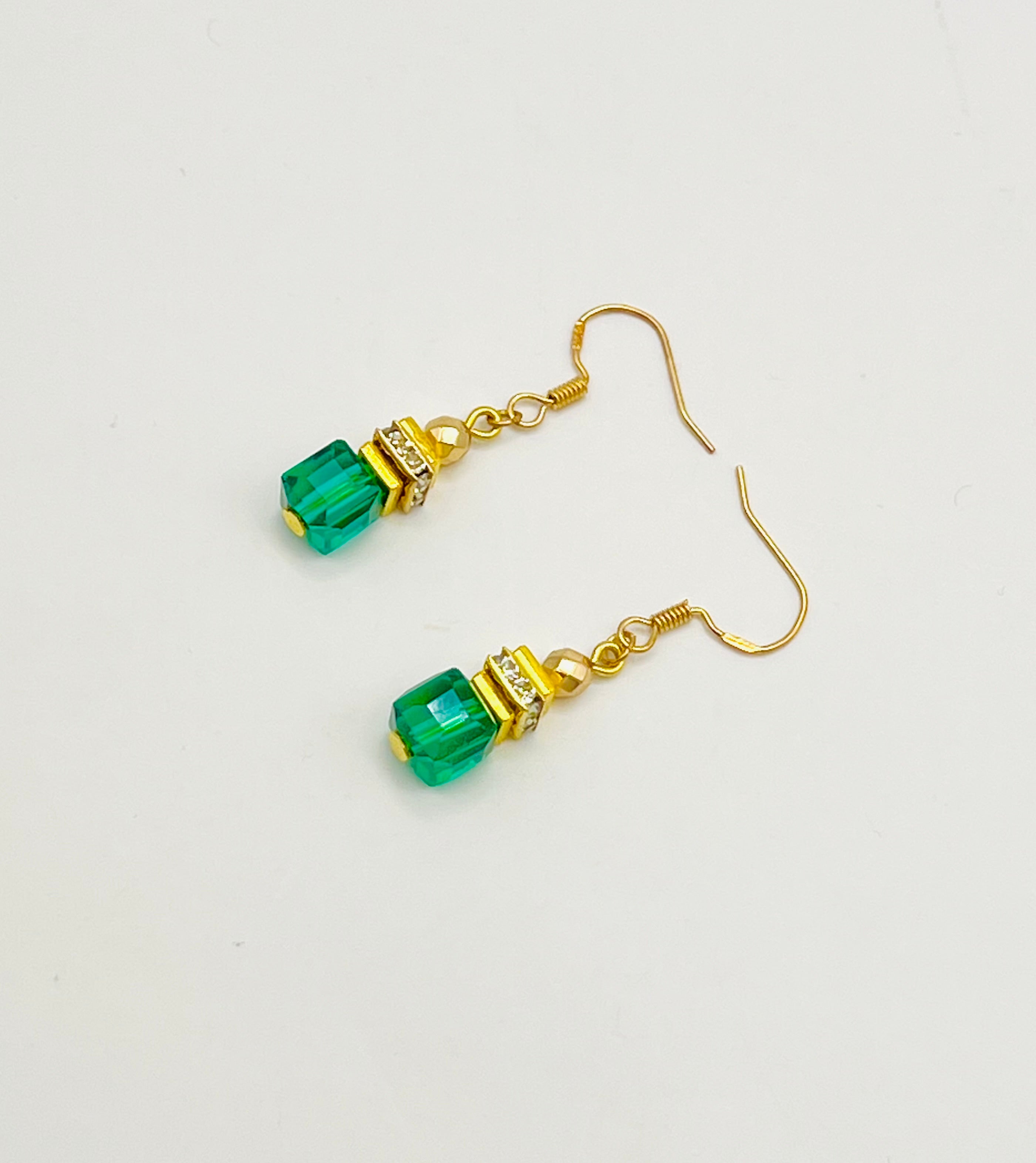 Green Crystal Glass Stone Drop Earrings | Gold-Plated Hook