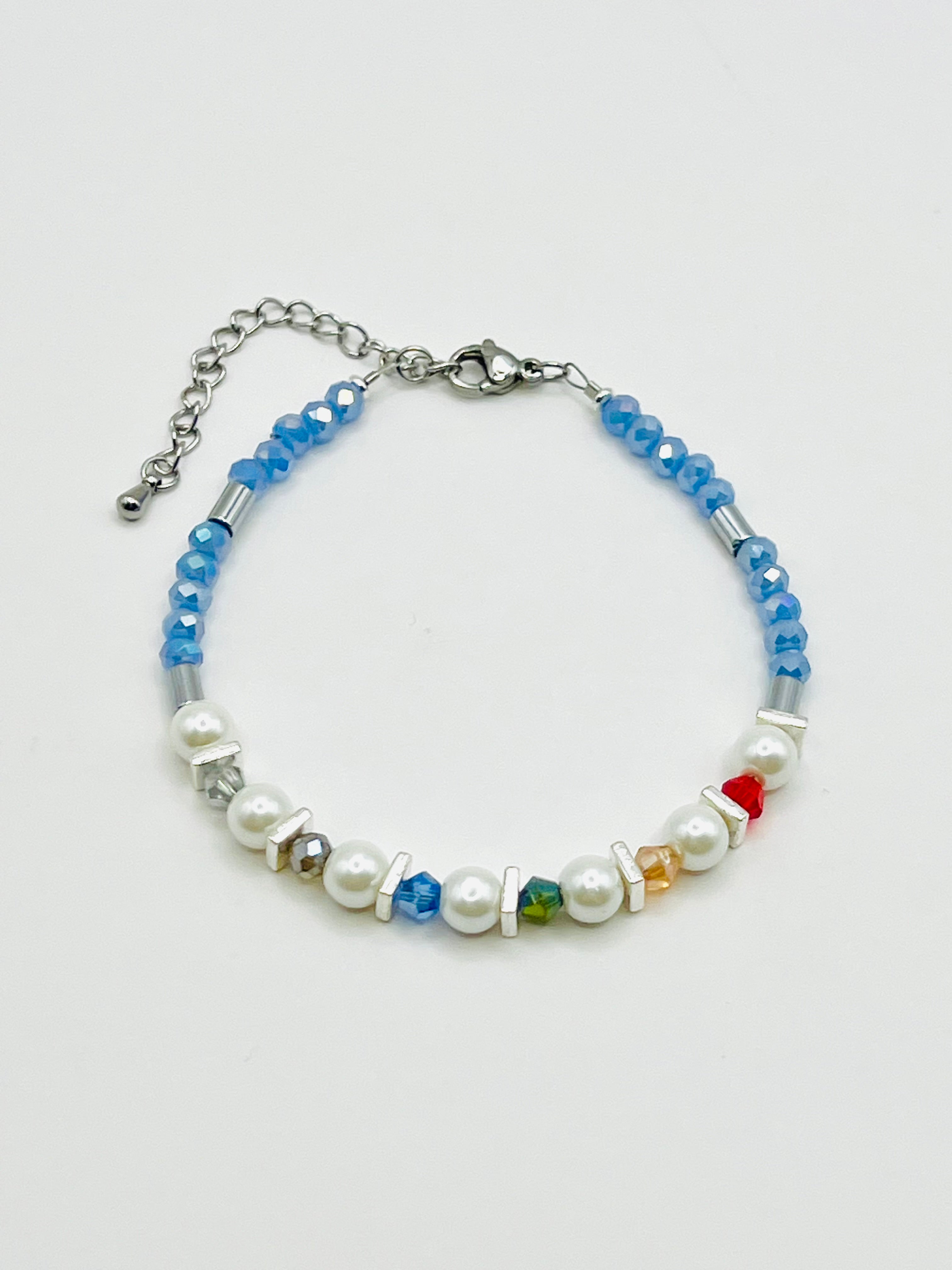 Blue, White & Multicoloured Glass Stone Bracelet – Silver Stainless Steel