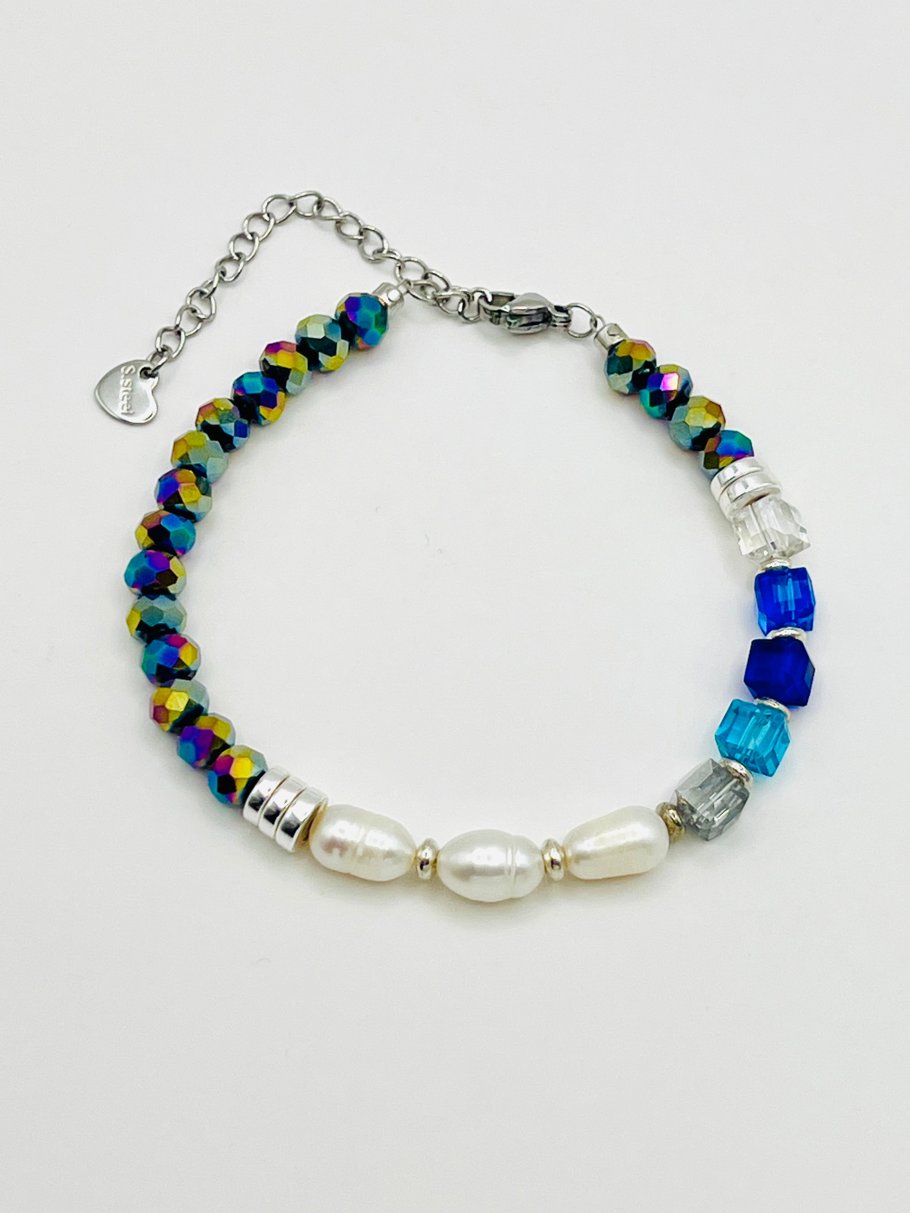 All Blue Glass Bracelet with White Natural Pearls – Silver Stainless Steel
