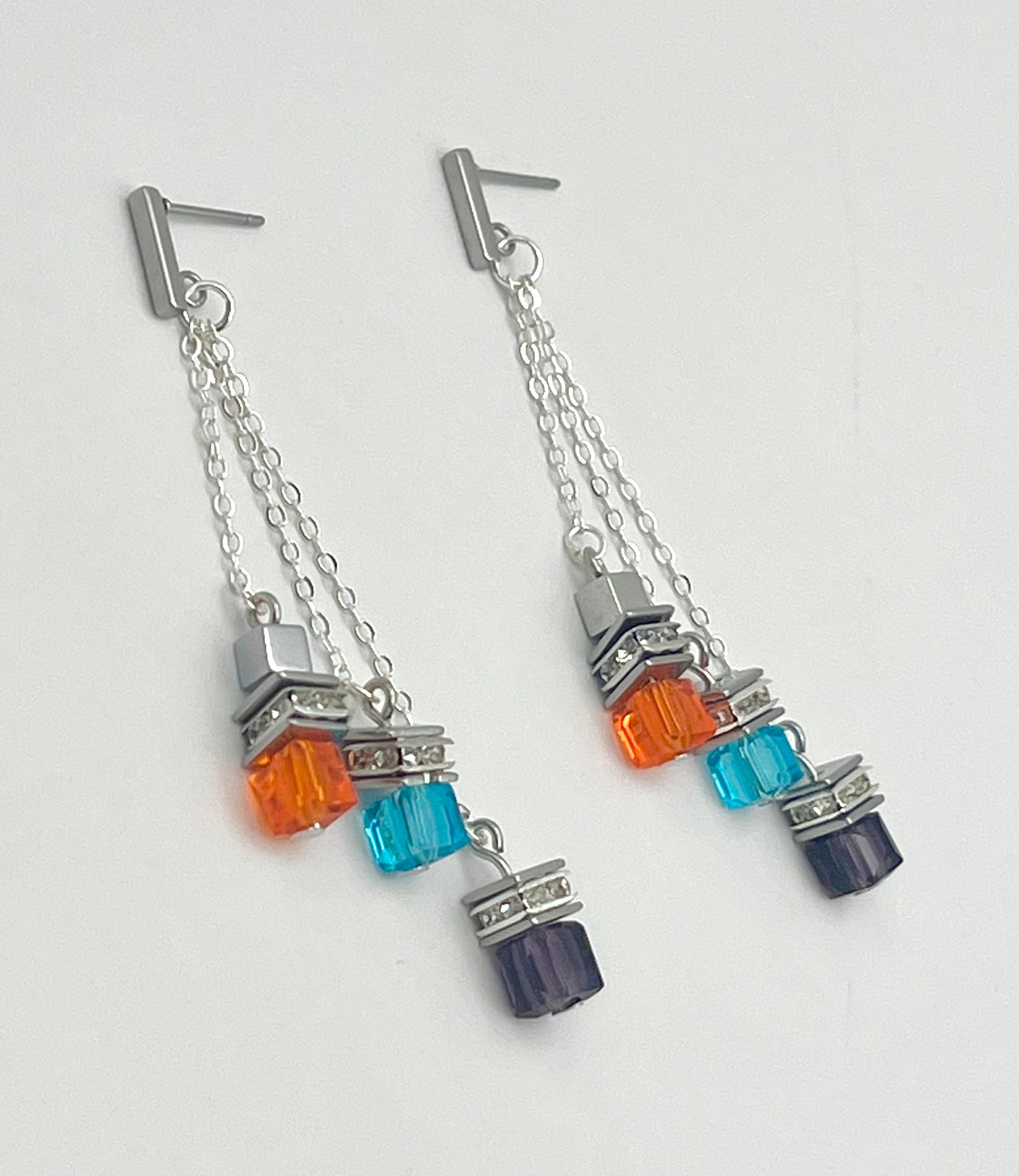 Multicolour Cube Crystal Glass Drop Earrings | Silver Stainless Steel
