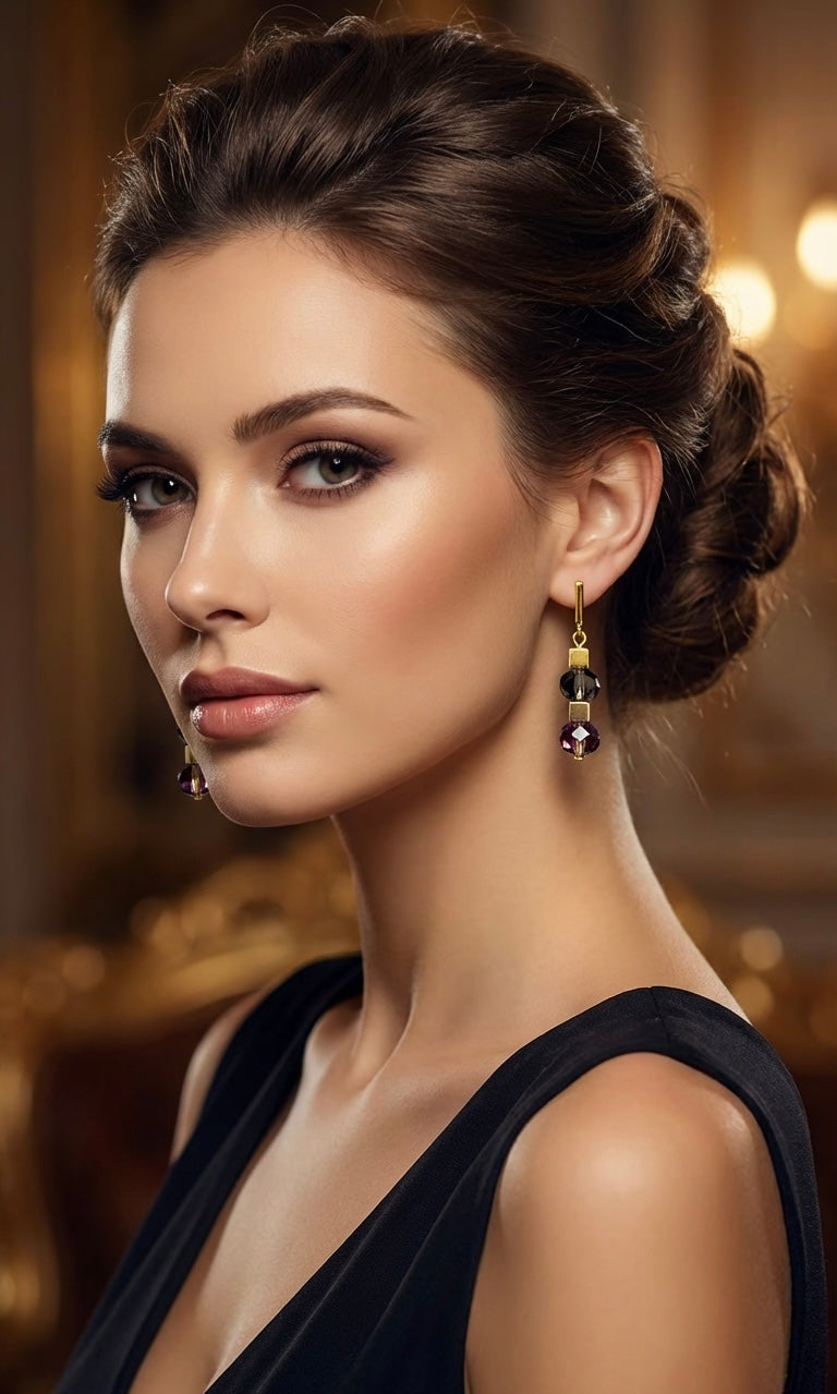 Transparent Black Crystal Glass Stone Drop Earrings | Gold Stainless Steel Clasp