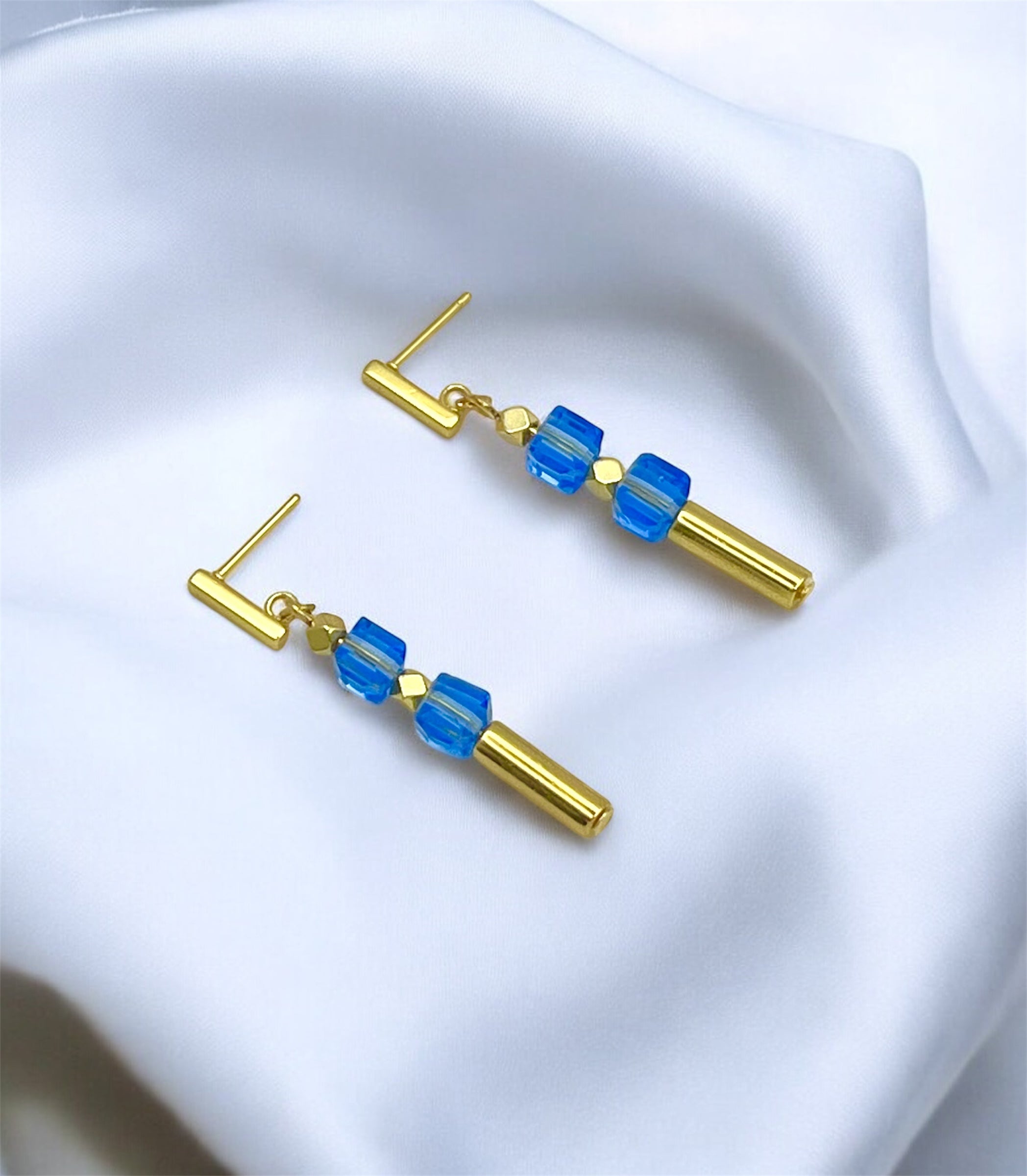 Blue & Gold Cube Drop Crystal Glass Stone Earrings | Stainless Steel Studs