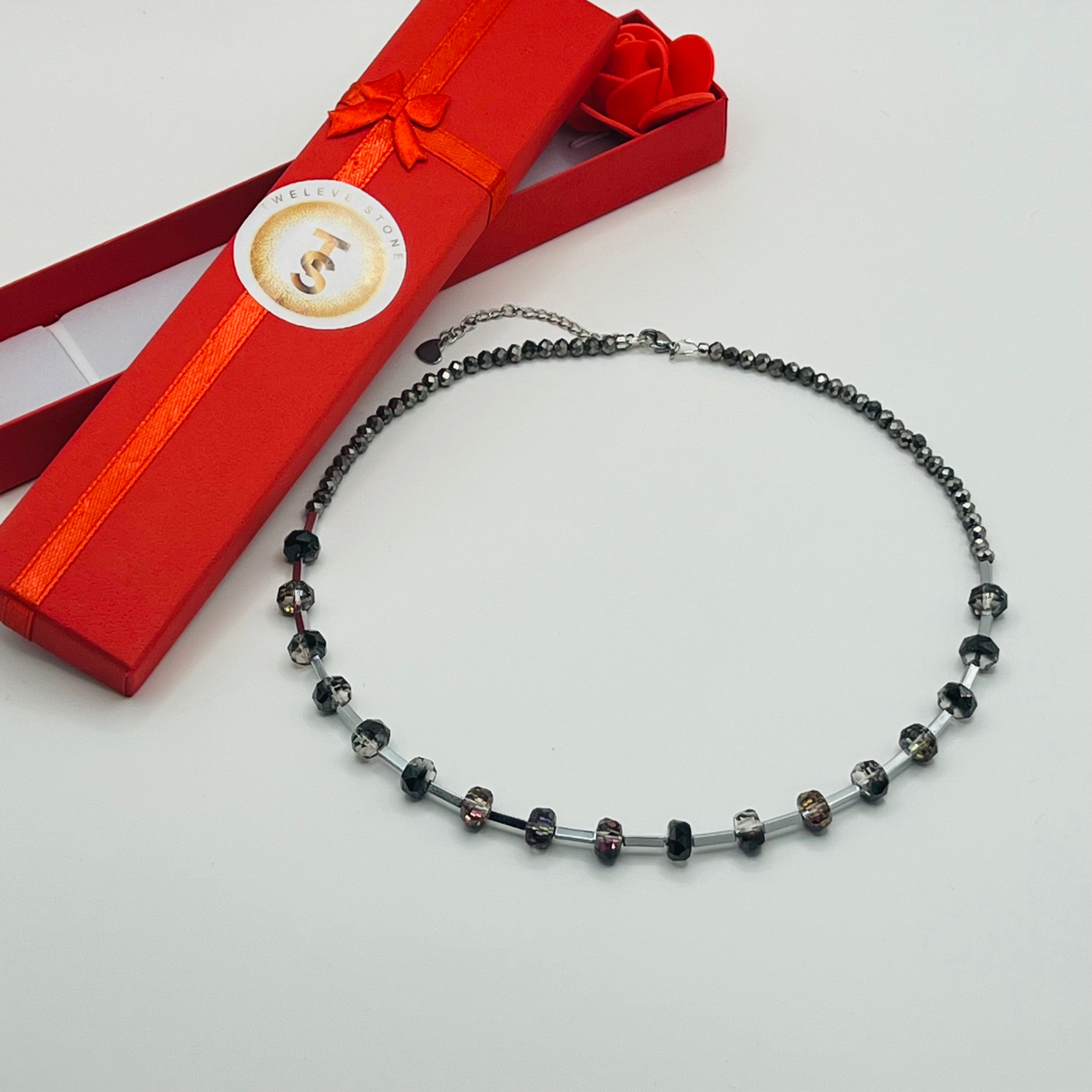 Silver & Black Faceted Crystal Glass Necklace | Silver Stainless Steel
