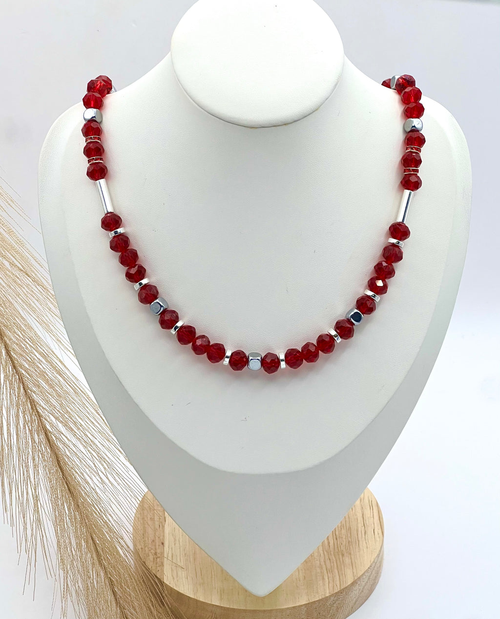 Red Crystal Glass Natural Stone Necklace with Silver Stainless Steel – Women’s Jewelry