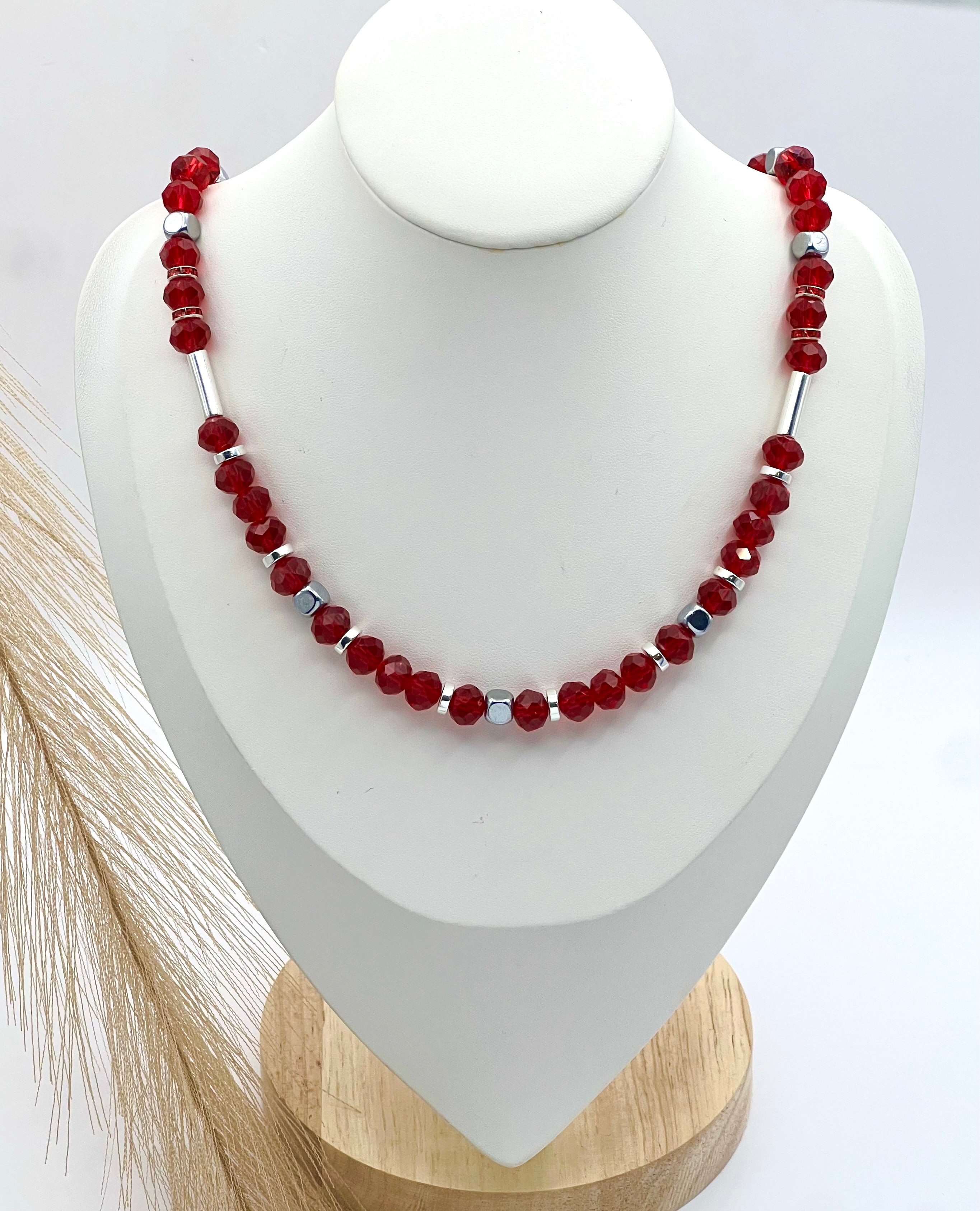 Red Crystal Glass Natural Stone Necklace with Silver Stainless Steel – Women’s Jewelry