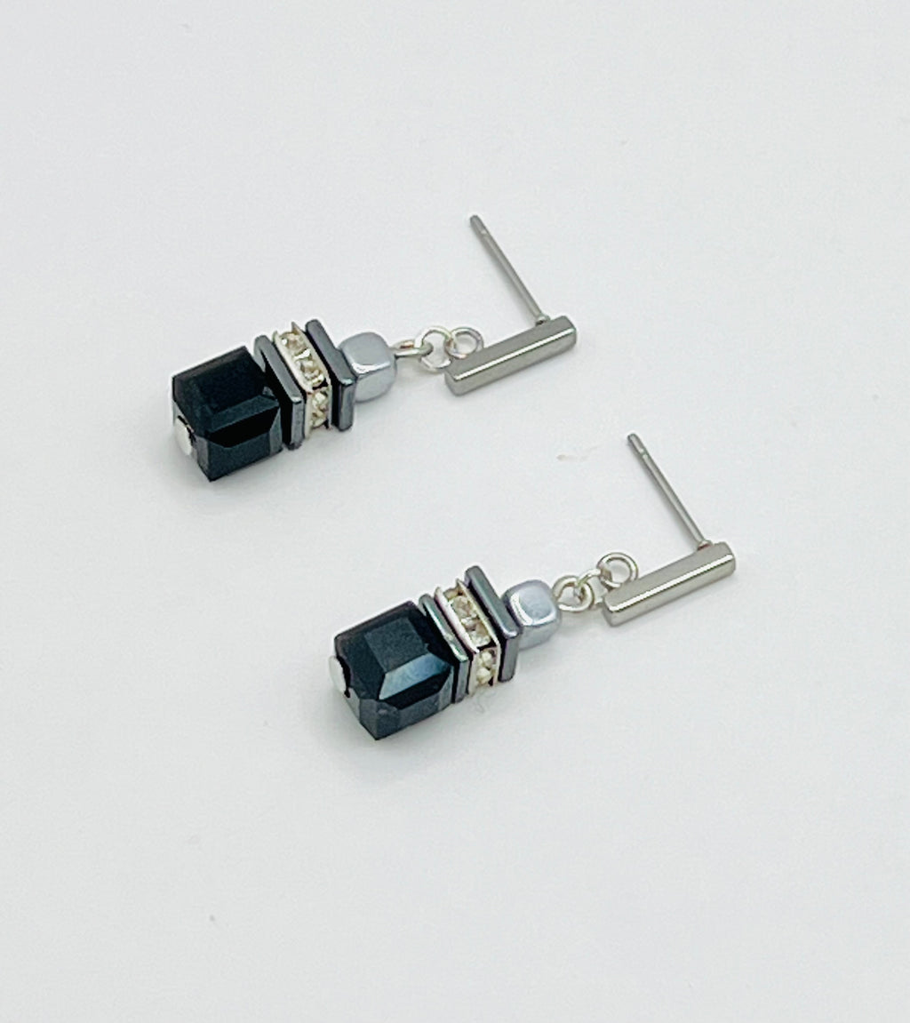 Black Crystal Glass Drop Stone Earrings | Silver Stainless Steel Clasp