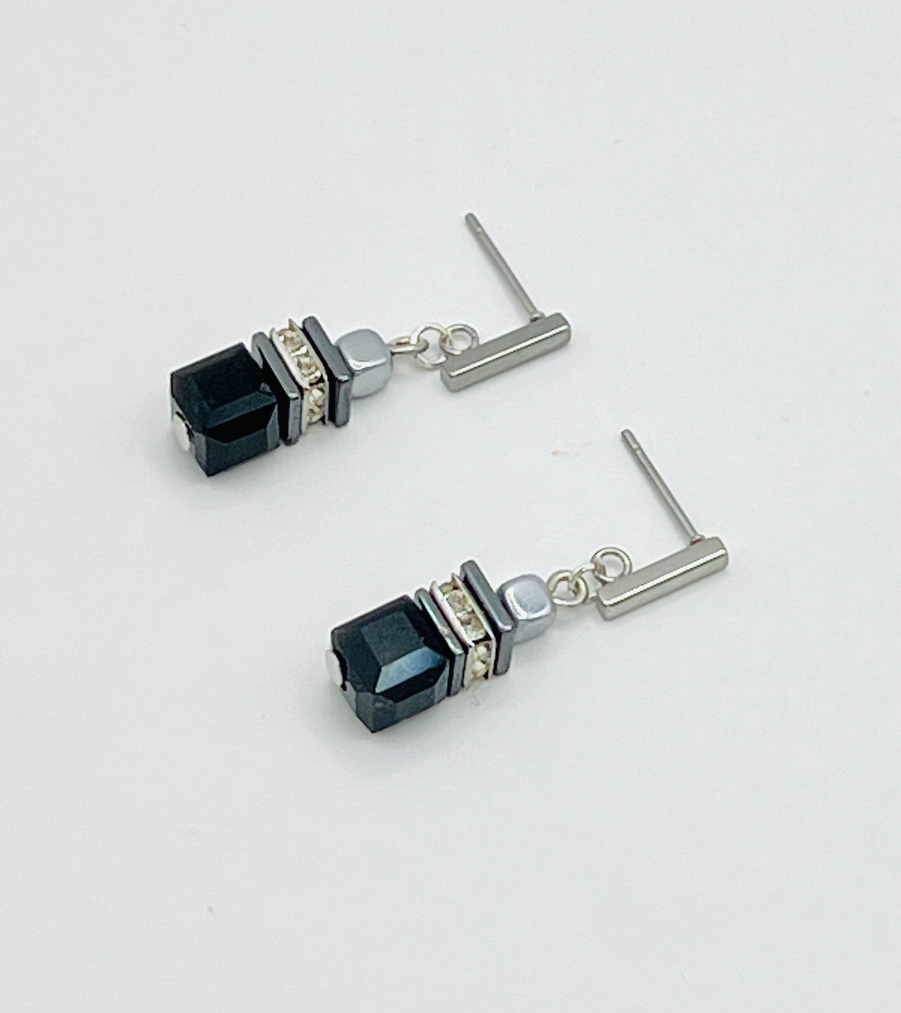 Black Crystal Glass Drop Stone Earrings | Silver Stainless Steel Clasp