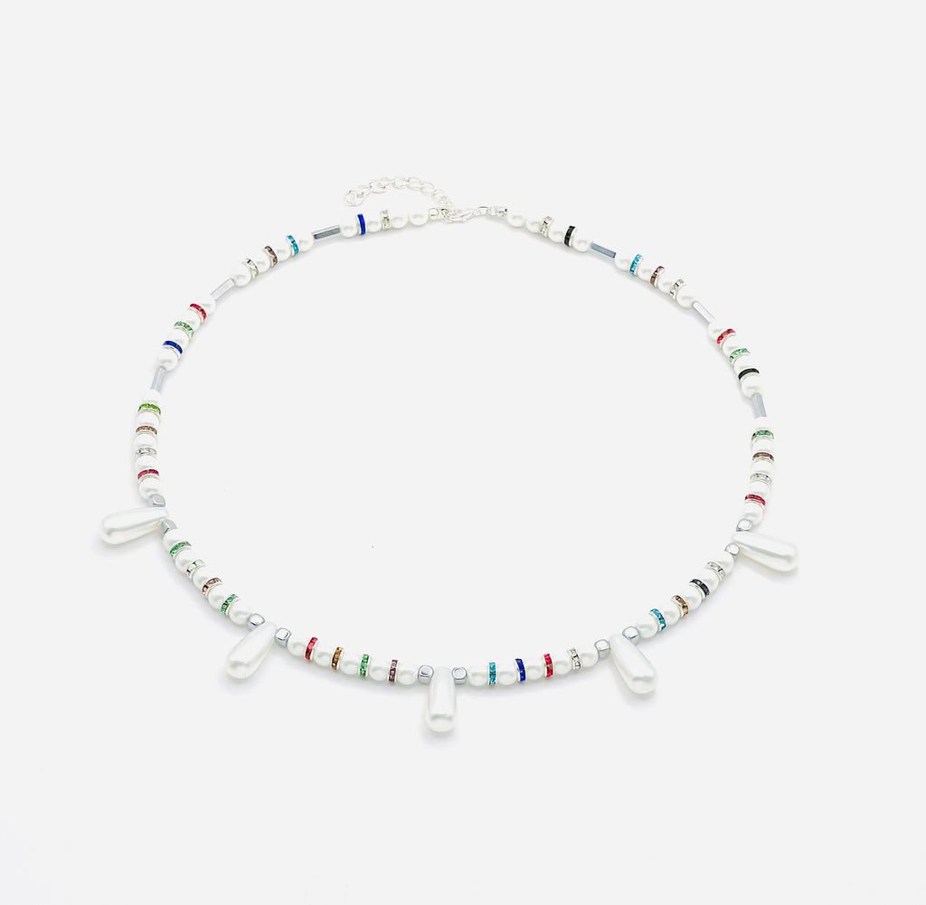 White Natural Stone & Multicolour Rhinestone Necklace | Silver-Plated Clasp