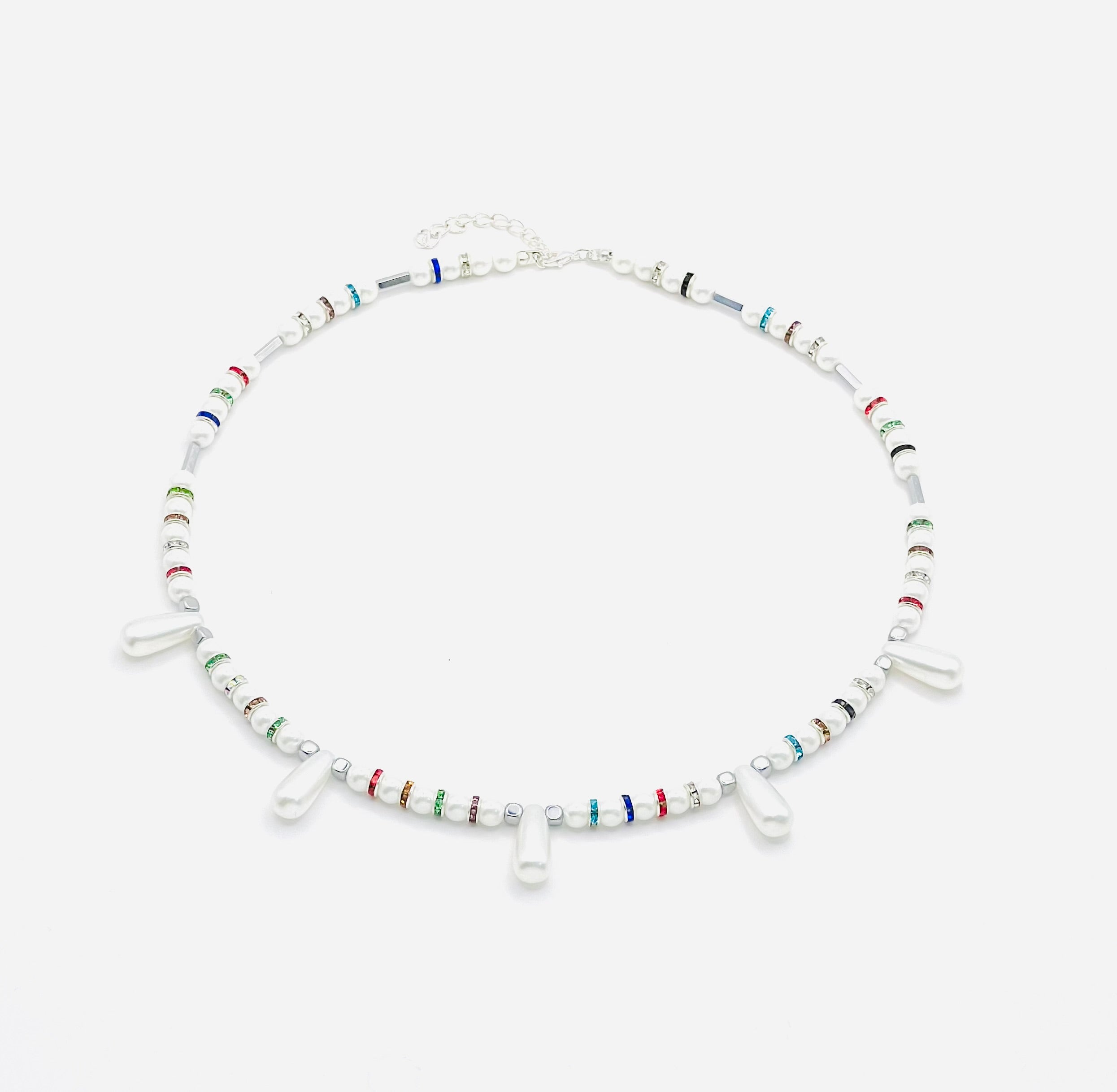 White Natural Stone & Multicolour Rhinestone Necklace | Silver-Plated Clasp