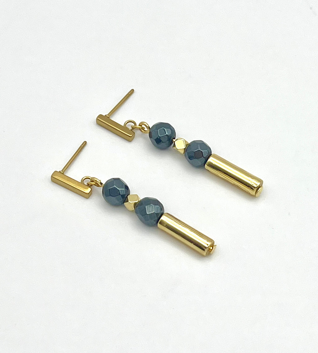 Black Hematite Stone Drop Earrings | Gold Stainless Steel Jewelry