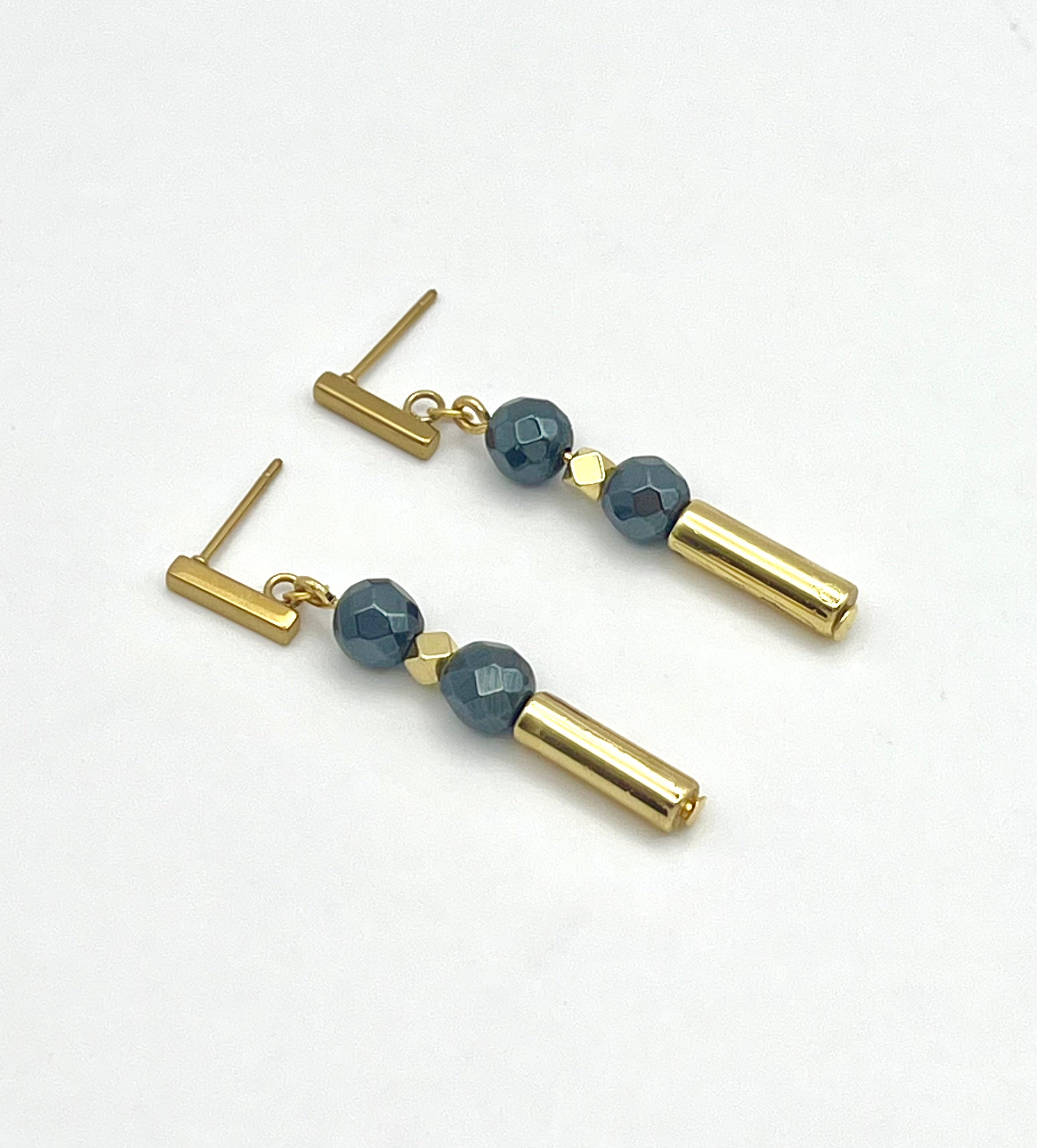 Black Hematite Stone Drop Earrings | Gold Stainless Steel Jewelry