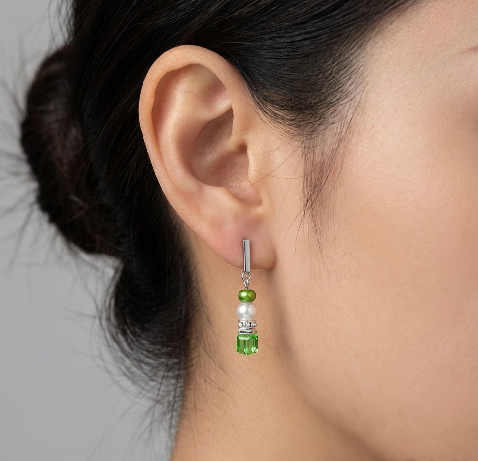 Green & White Stone Crystal Glass Drop Earrings | Rectangle Silver Stainless Steel Stud