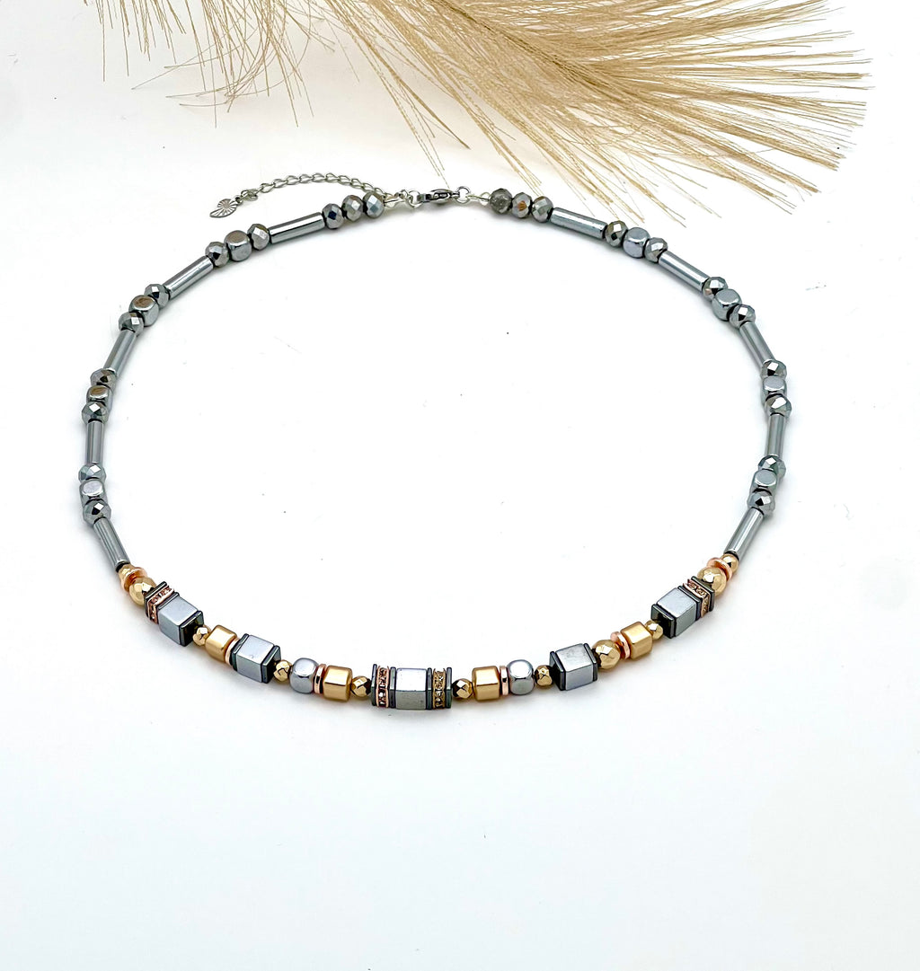 Shine Bright Silver Crystal Glass & Natural Stone Necklace | Stainless Steel Jewelry