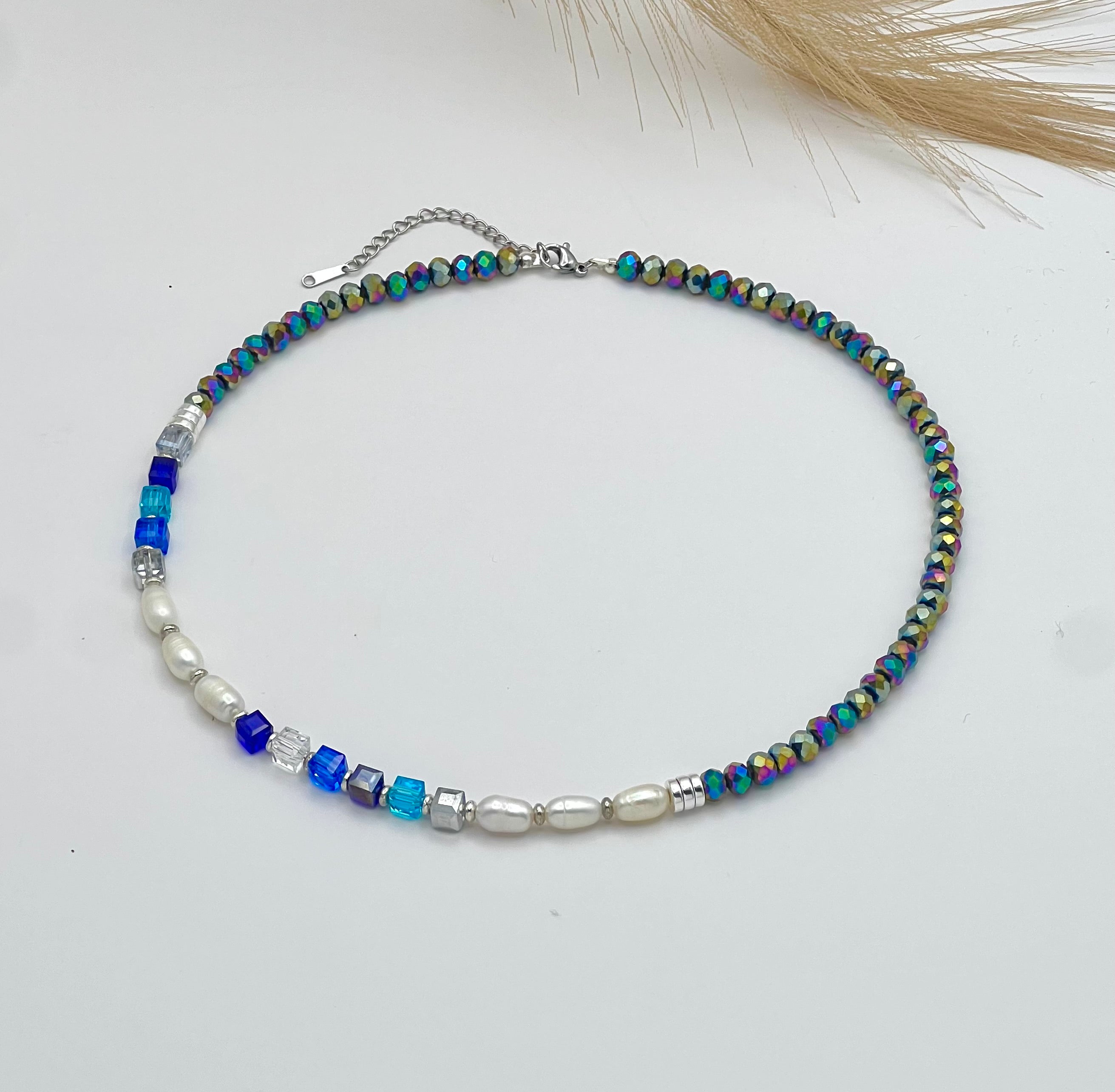 Multicolour Blue White Pearls Crystal Glass Stone Necklace Silver Steel For Women Jewellery Gift