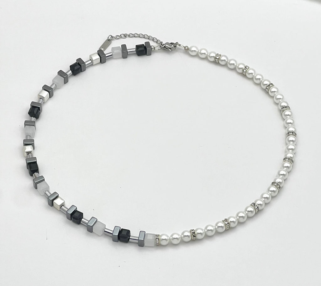 Star Black & White Crystal Glass Natural Stone Necklace – Silver Stainless Steel | Gift Box Included