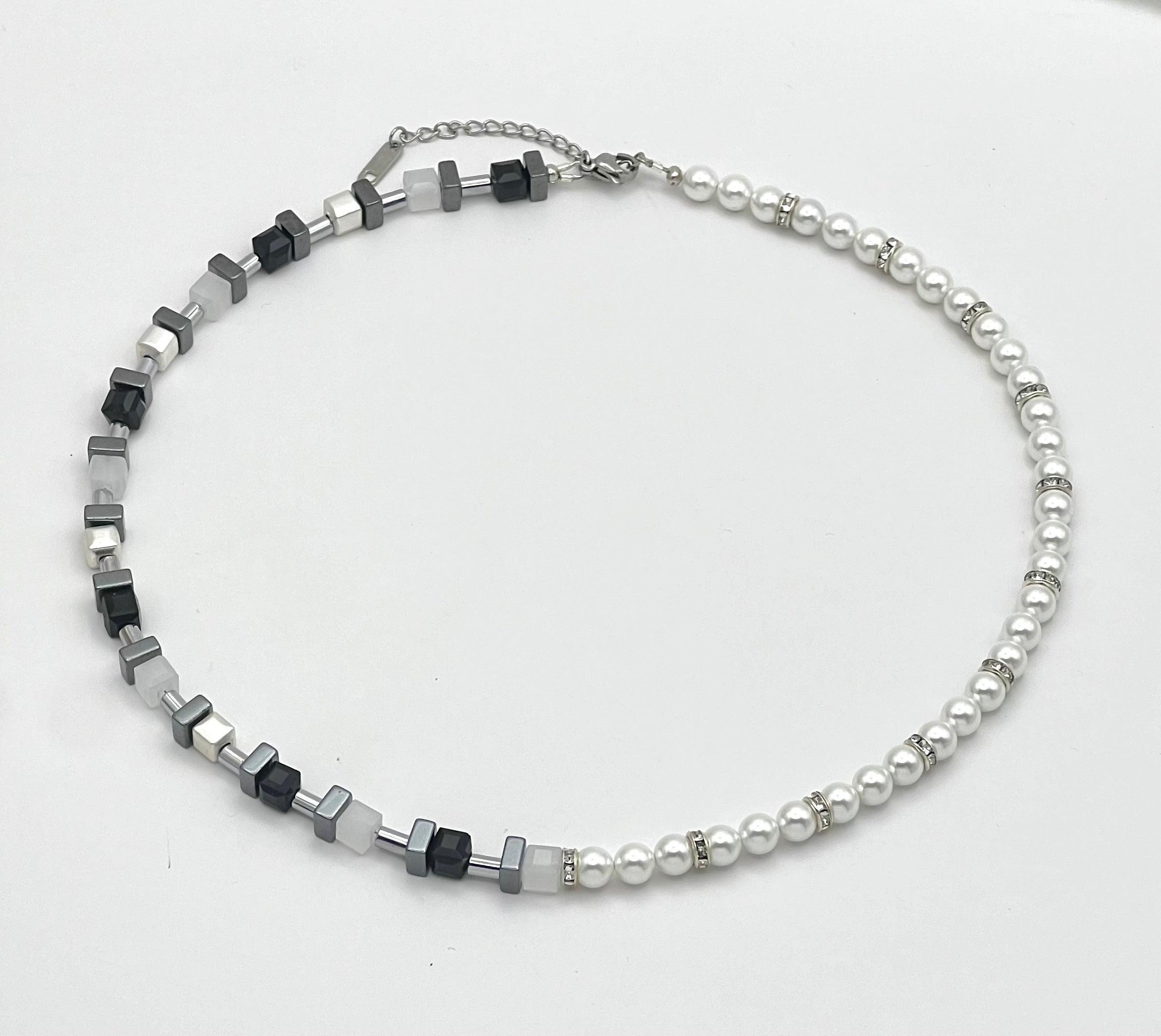 Star Black & White Crystal Glass Natural Stone Necklace – Silver Stainless Steel | Gift Box Included