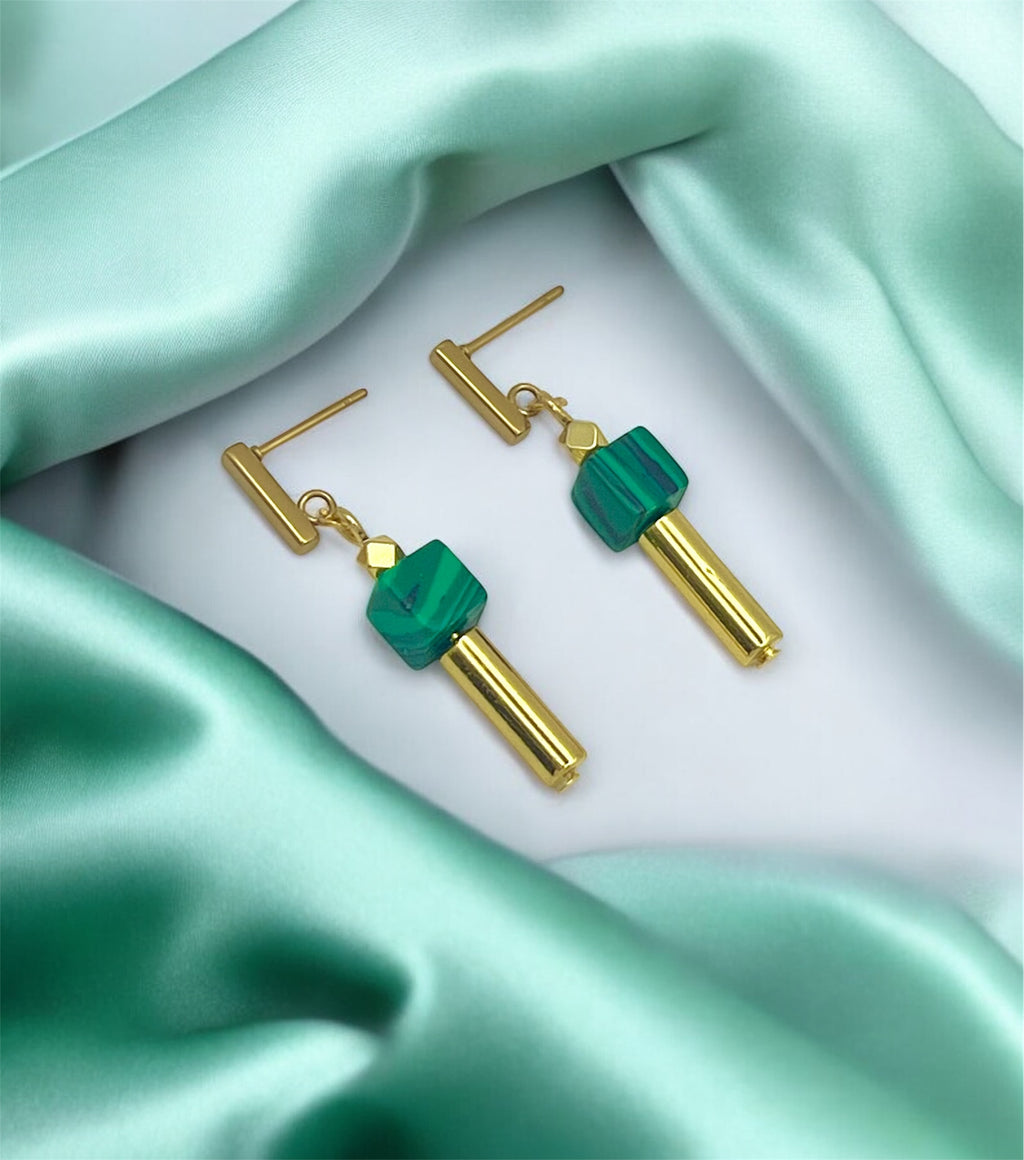 Green Machiate Stone Cube Drop Earrings | Gold Stainless Steel Jewelry
