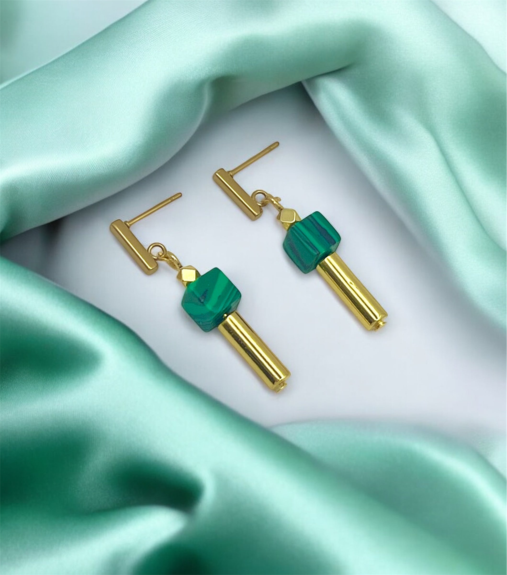Green Machiate Stone Cube Drop Earrings | Gold Stainless Steel Jewelry