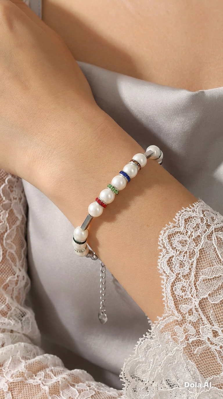 White Natural Stone & Multicolour Rhinestone Bracelet| Silver-Plated Clasp