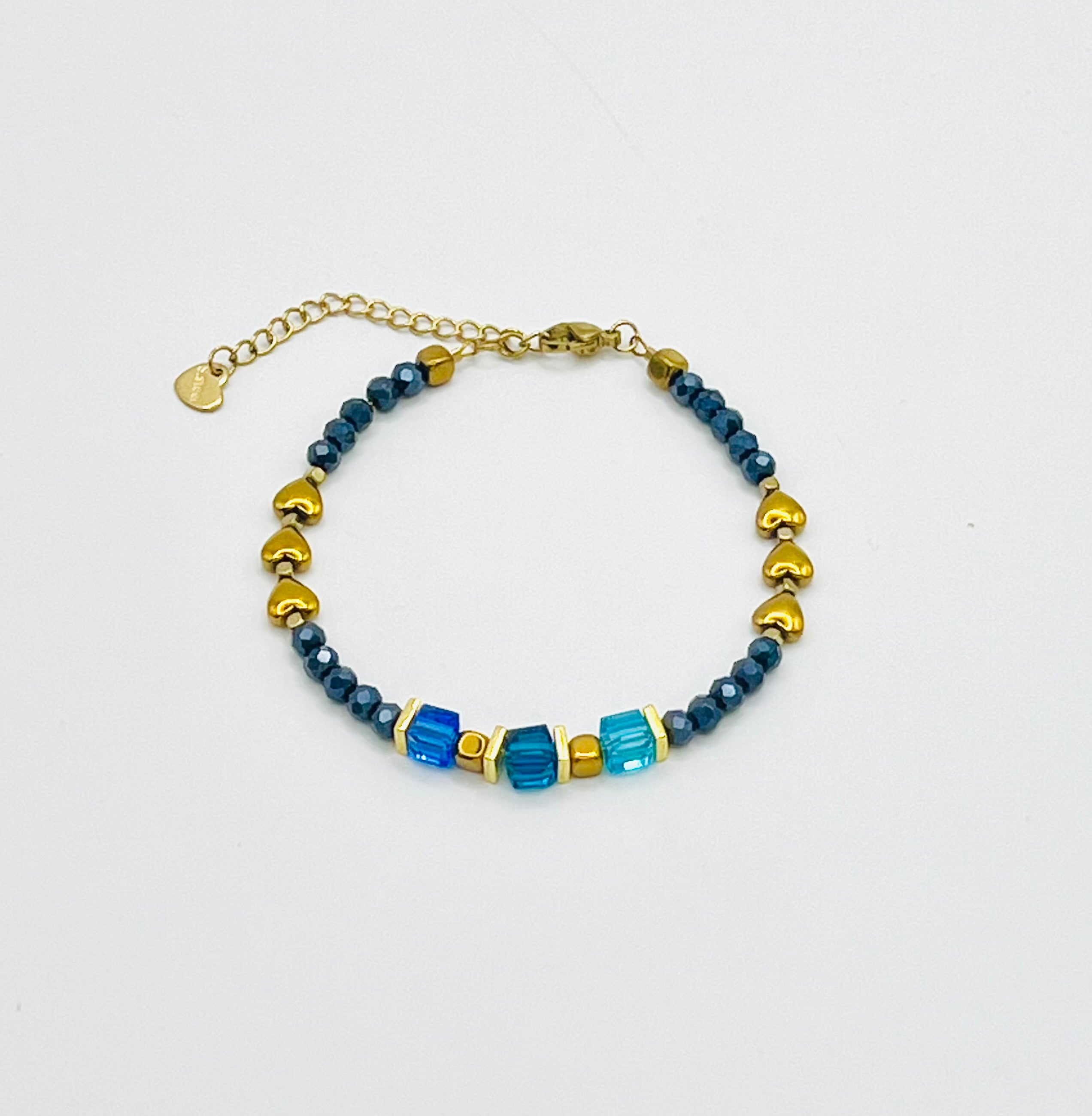 Blue & Gold Heart Crystal Glass and Stone Bracelet | Gold Stainless Steel Clasp