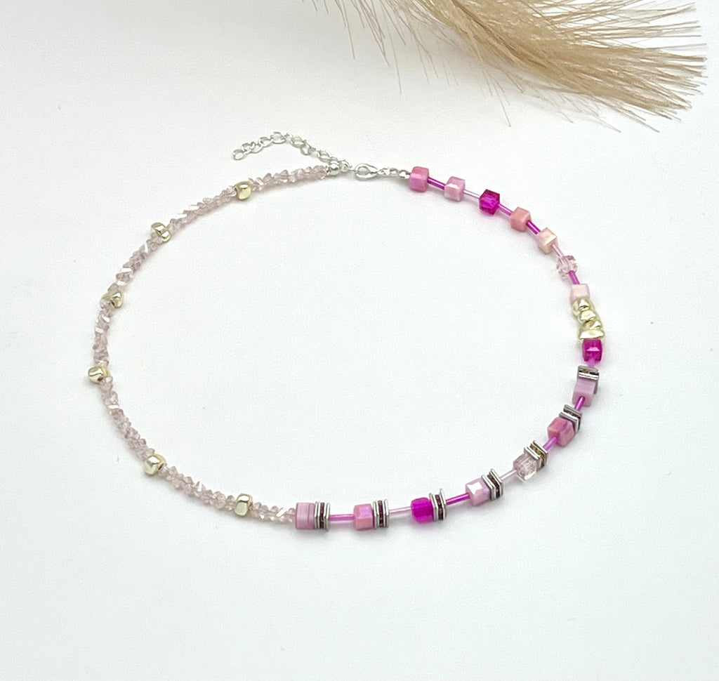 Rose Pink Crystal Glass Necklace Made with Natural Stones and a Silver-Plated Clasp – Women’s Jewellery