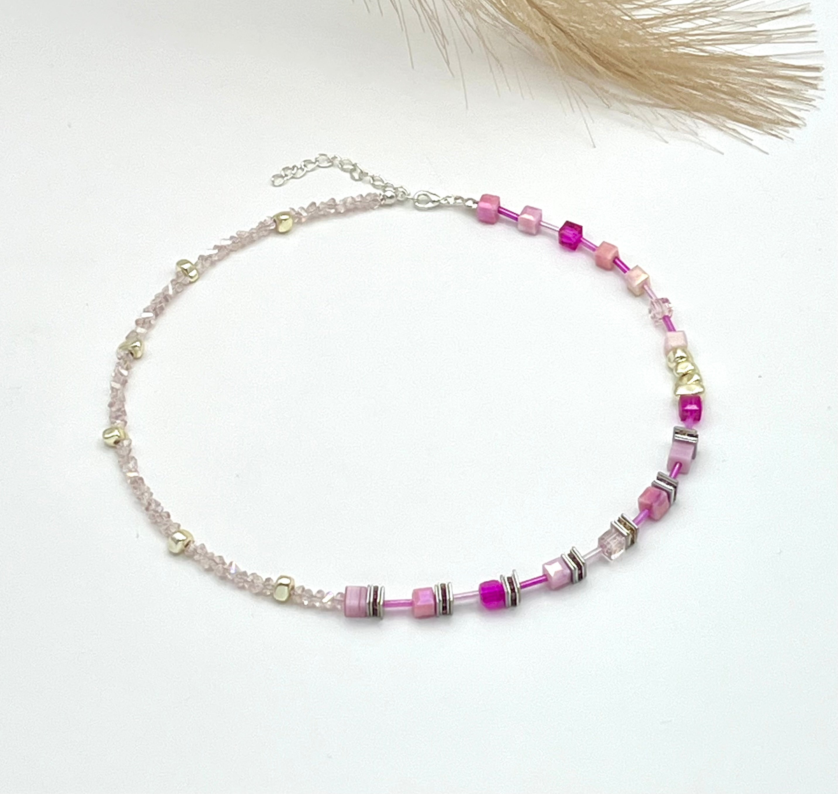 Rose Pink Crystal Glass Necklace Made with Natural Stones and a Silver-Plated Clasp – Women’s Jewellery