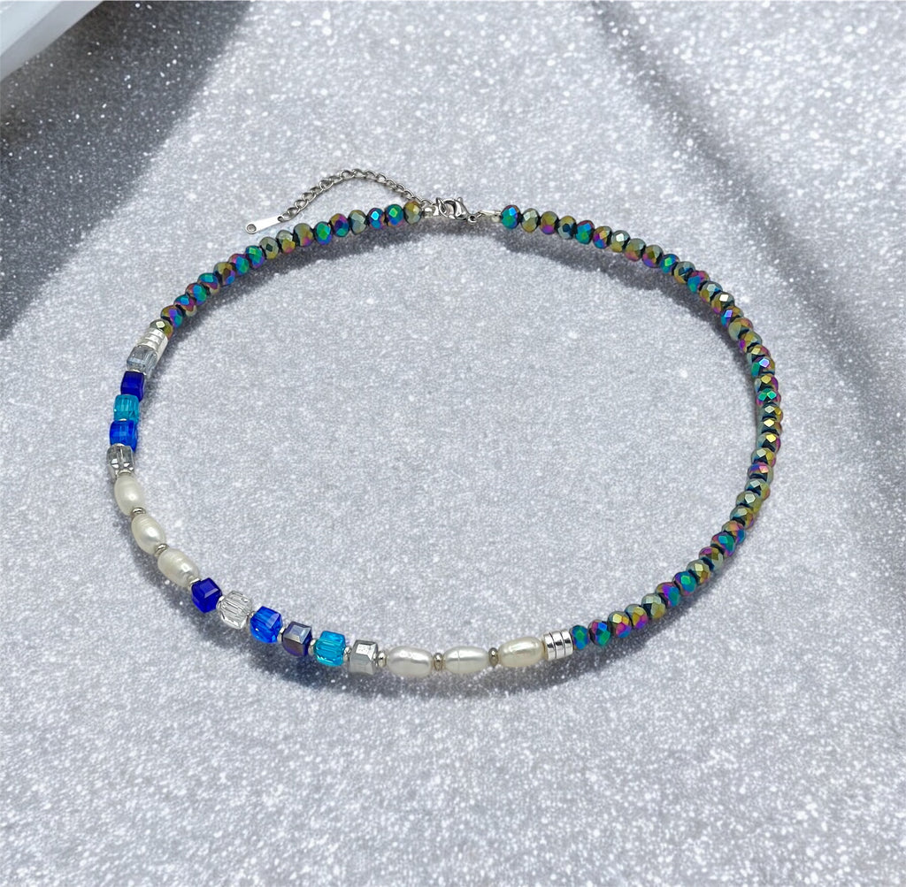 Multicolour Blue White Pearls Crystal Glass Stone Necklace Silver Steel For Women Jewellery Gift