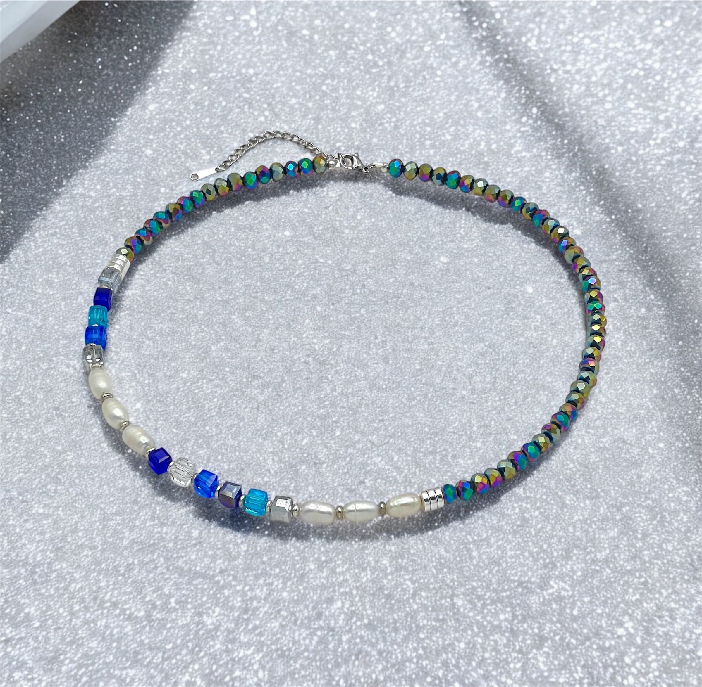 Multicolour Blue White Pearls Crystal Glass Stone Necklace Silver Steel For Women Jewellery Gift