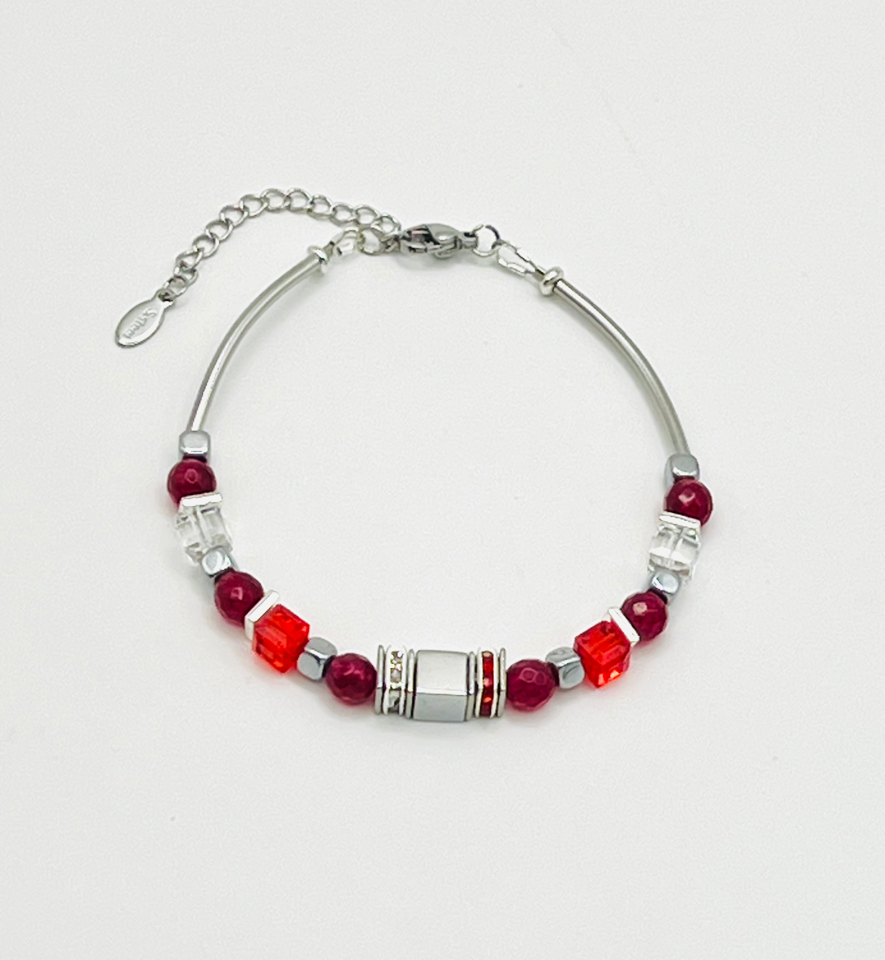 Red Crystal Glass Stone Bracelet – Silver Stainless Steel