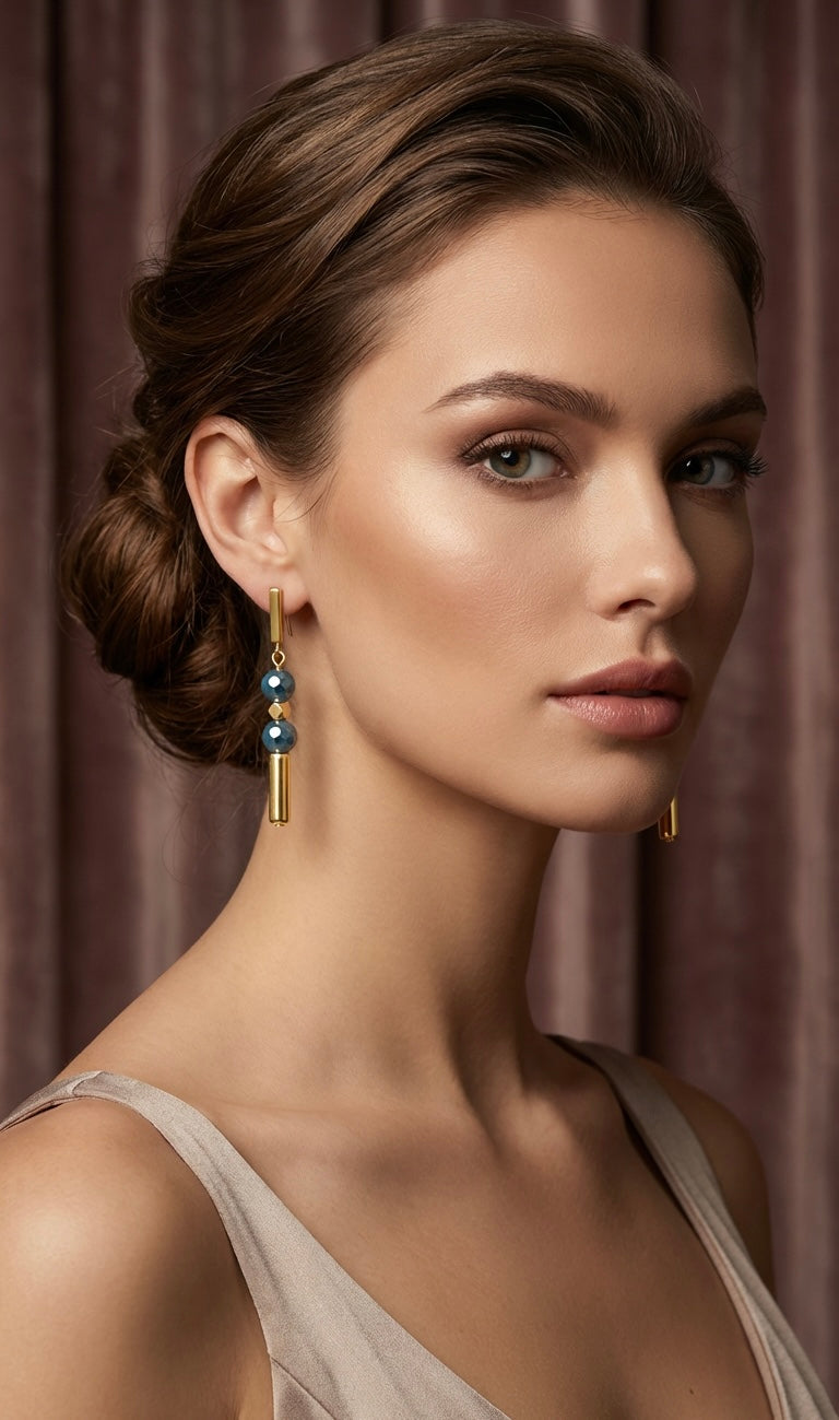 Black Hematite Stone Drop Earrings | Gold Stainless Steel Jewelry