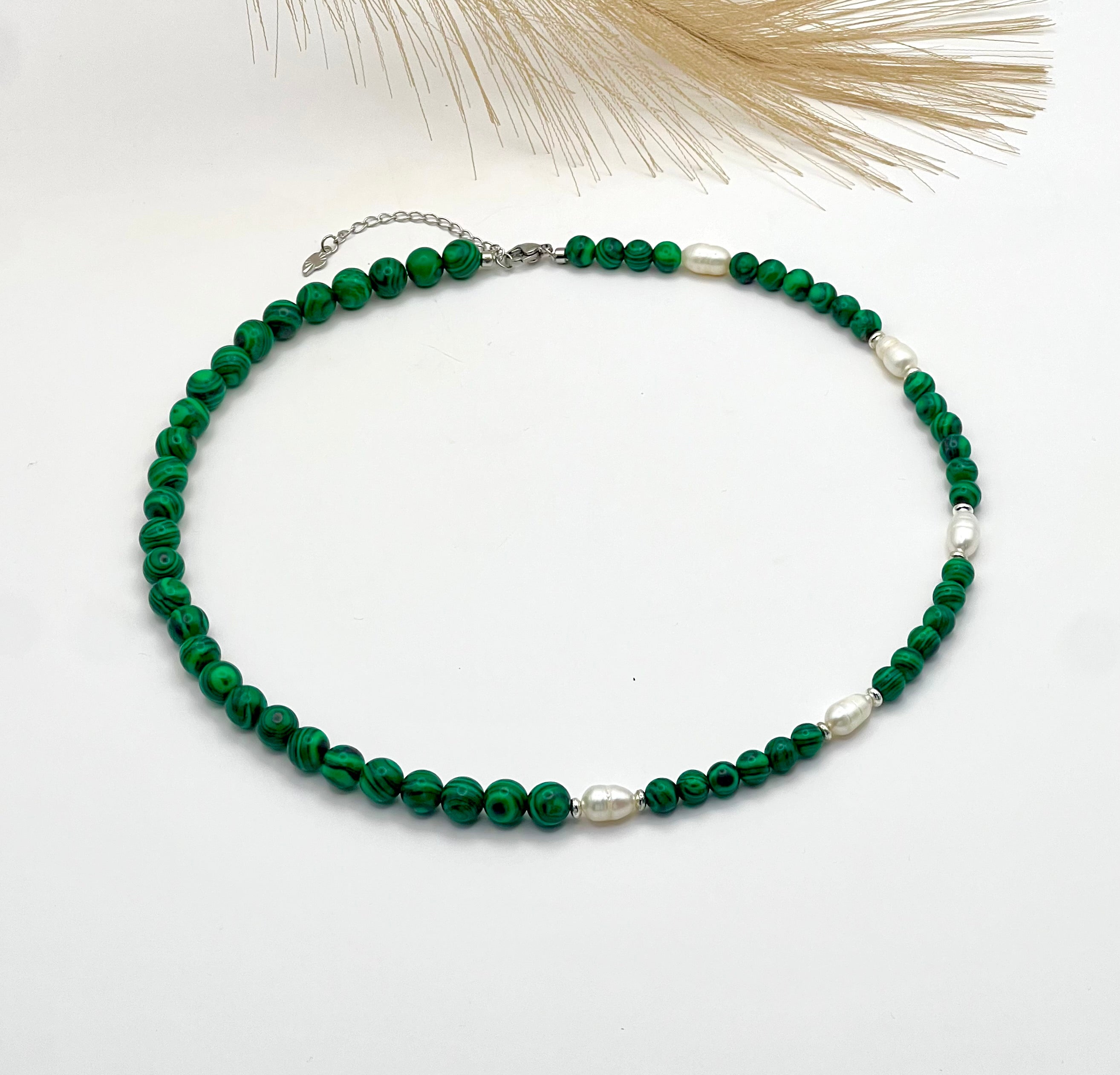 Green Malachite and Freshwater Pearl Necklace with Silver Steel