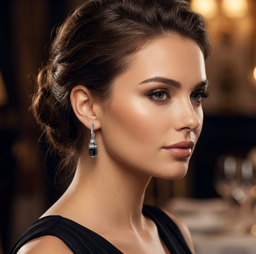 Black Crystal Glass Drop Stone Earrings | Silver Stainless Steel Clasp