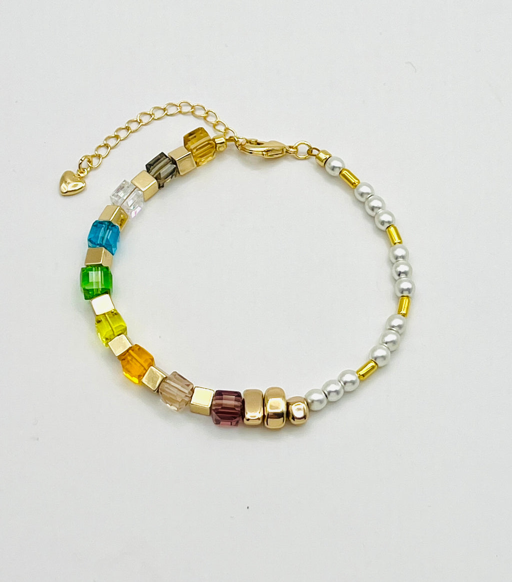 Multicolour Cube Crystal & Natural Stone Bracelet | Gold Stainless Steel