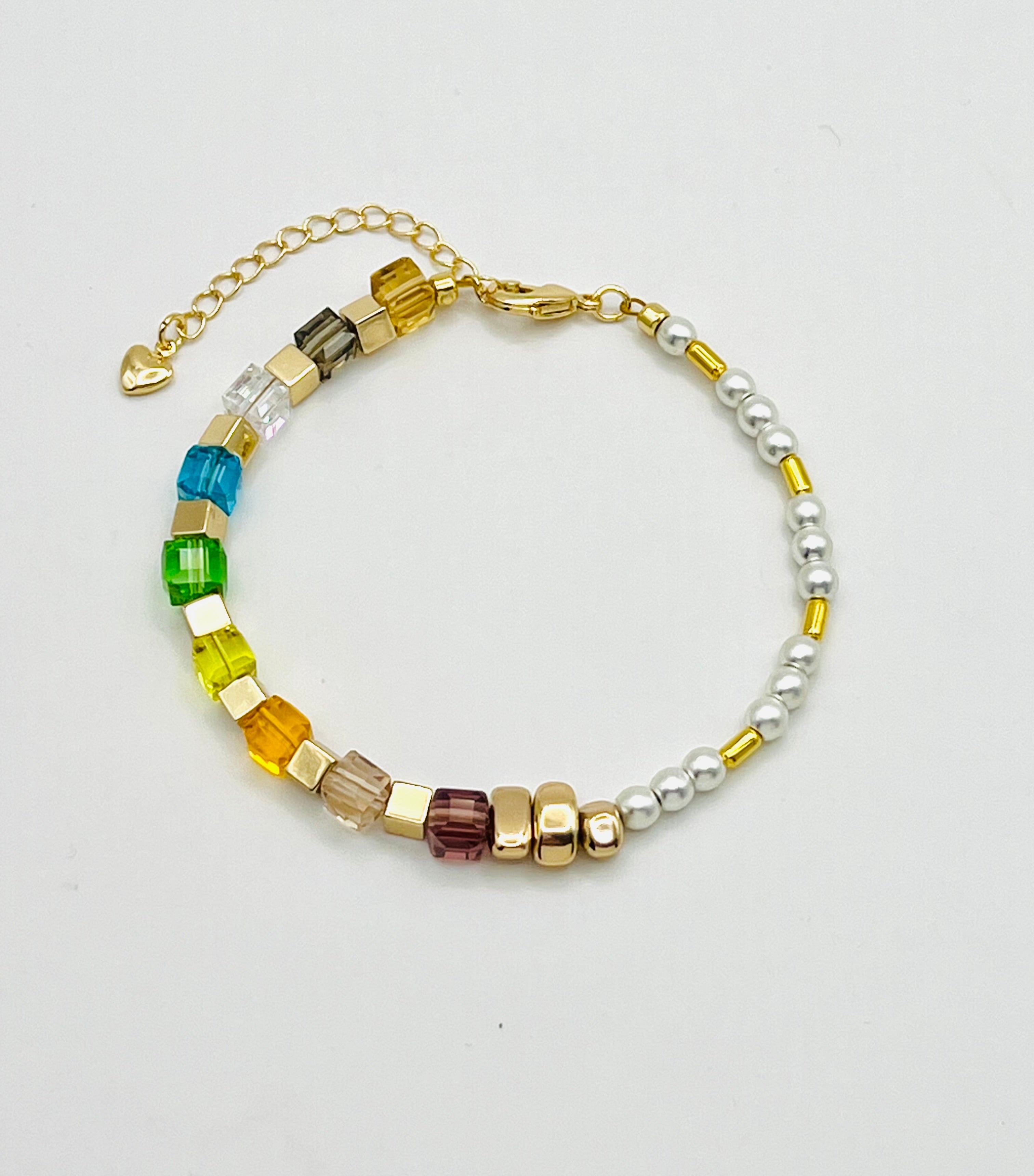 Multicolour Cube Crystal & Natural Stone Bracelet | Gold Stainless Steel