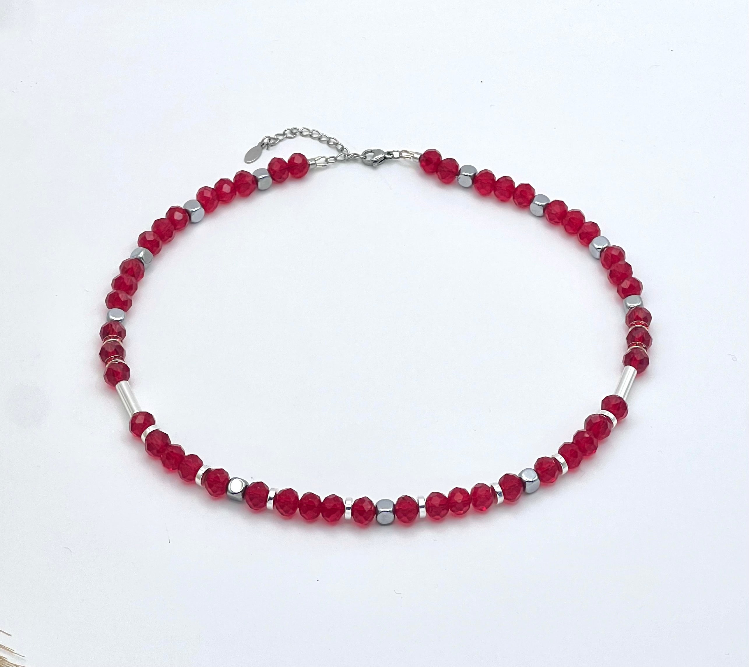 Red Crystal Glass Natural Stone Necklace with Silver Stainless Steel – Women’s Jewelry