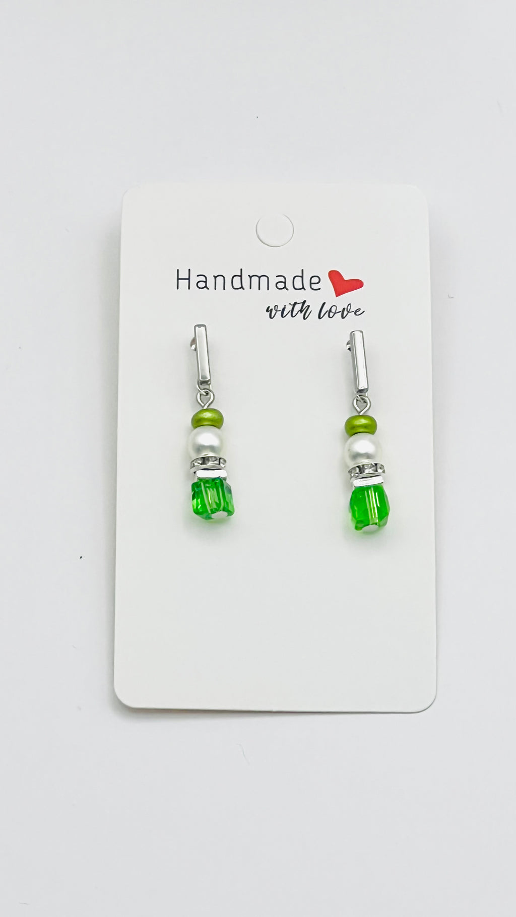 Green & White Stone Crystal Glass Drop Earrings | Rectangle Silver Stainless Steel Stud