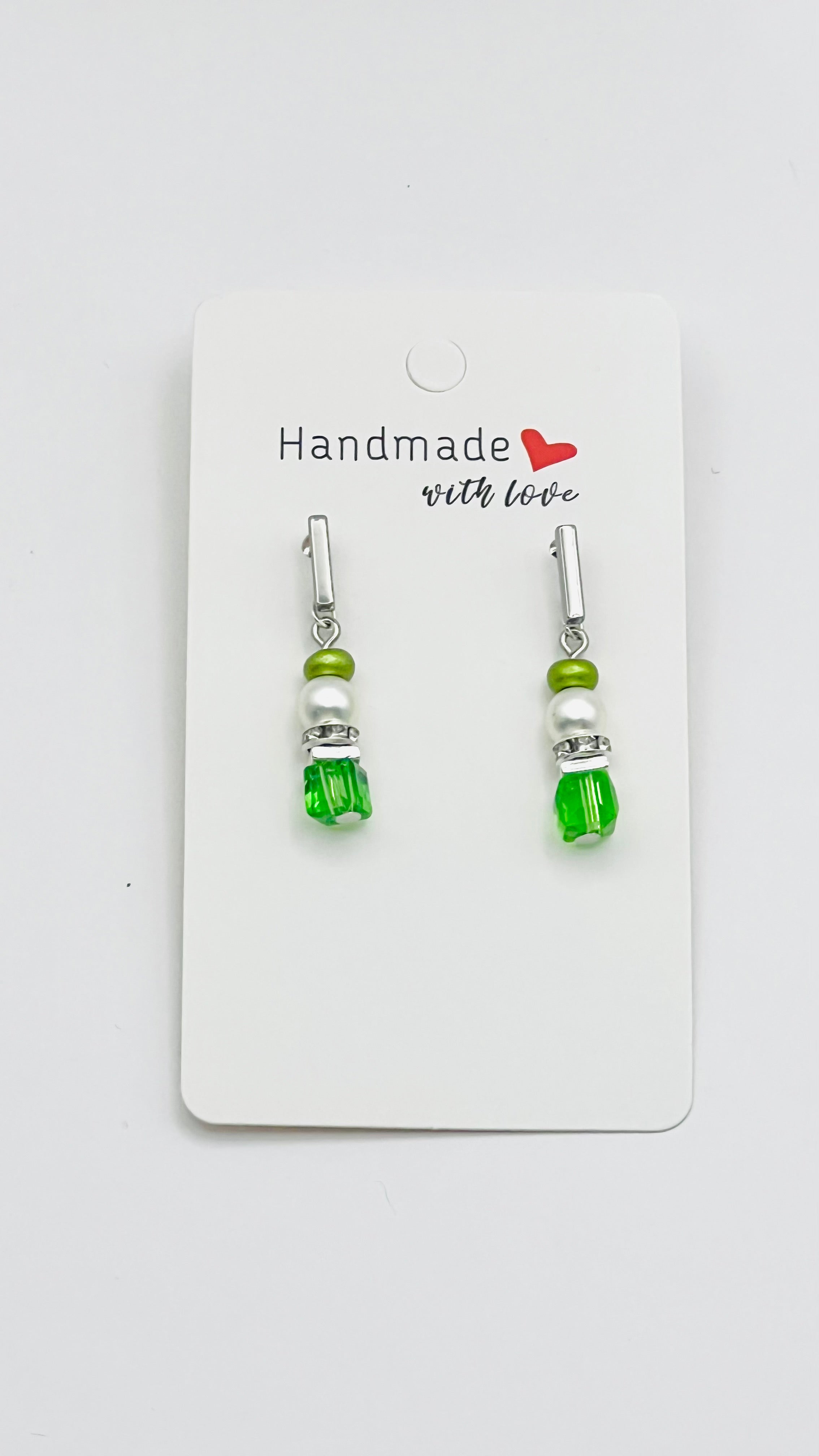 Green & White Stone Crystal Glass Drop Earrings | Rectangle Silver Stainless Steel Stud