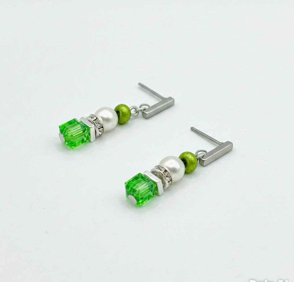 Green & White Stone Crystal Glass Drop Earrings | Rectangle Silver Stainless Steel Stud