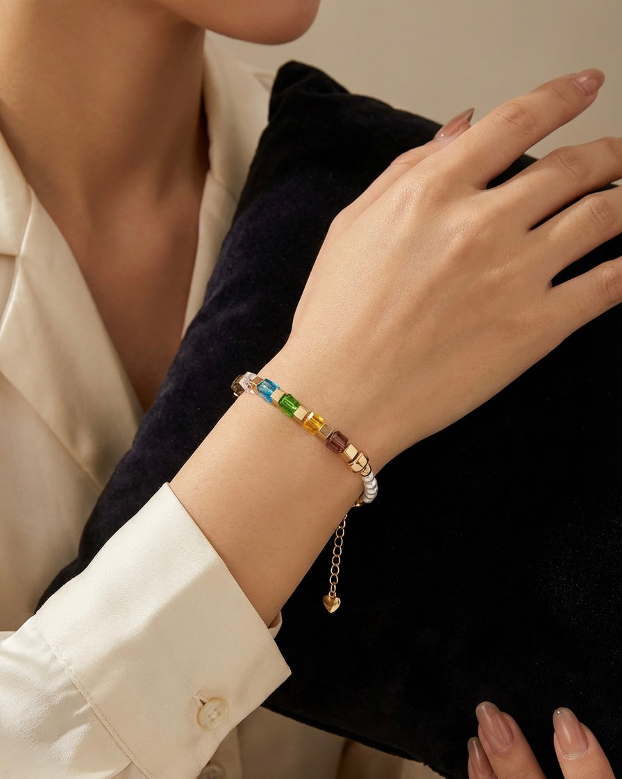 Multicolour Cube Crystal & Natural Stone Bracelet | Gold Stainless Steel