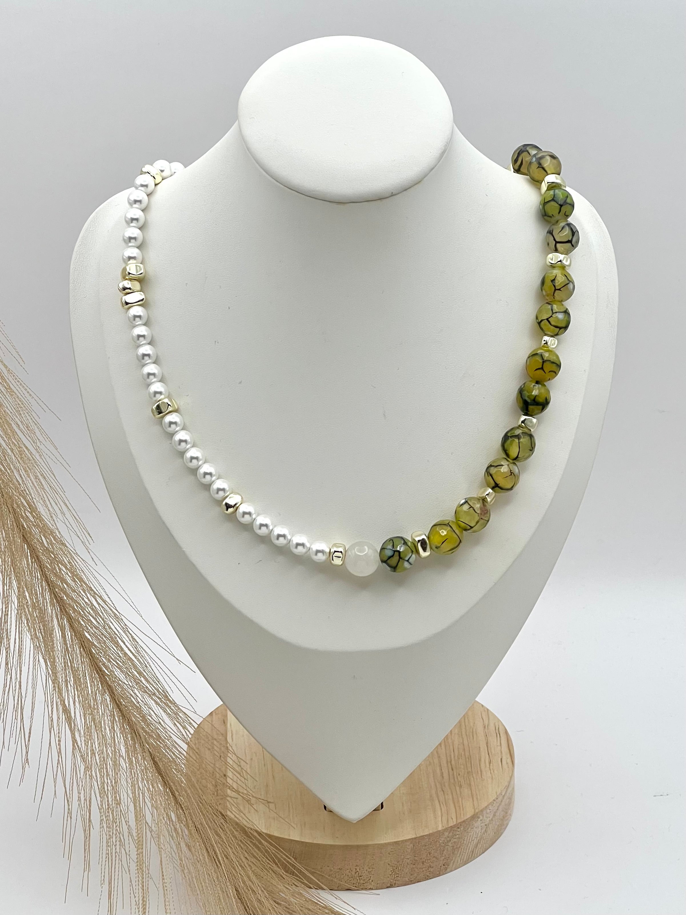 Dew Green & White National Stones Necklace, Silver-Plated, Lobster Clasp