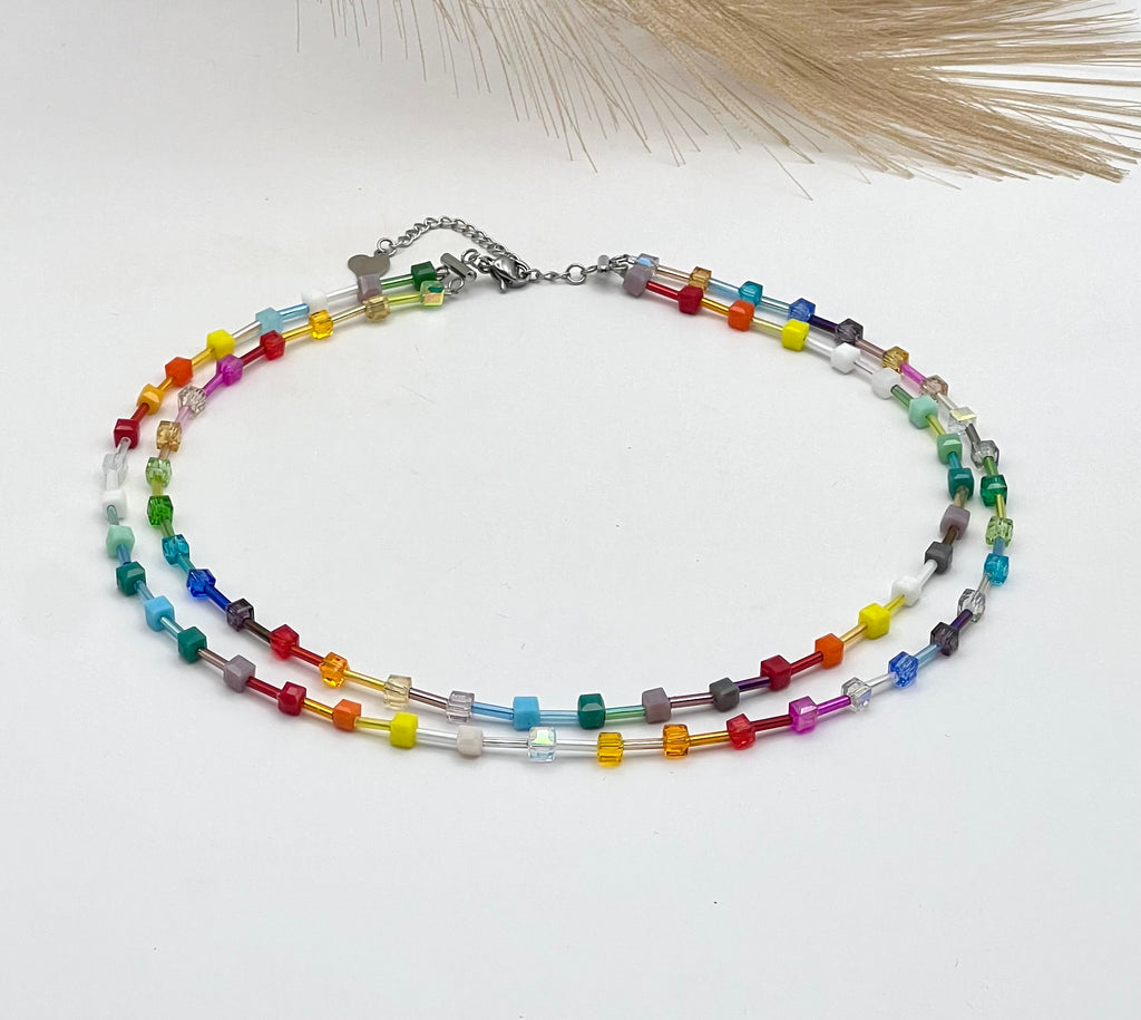 Multicolour Crystal Glass Necklace – Silver Stainless Steel