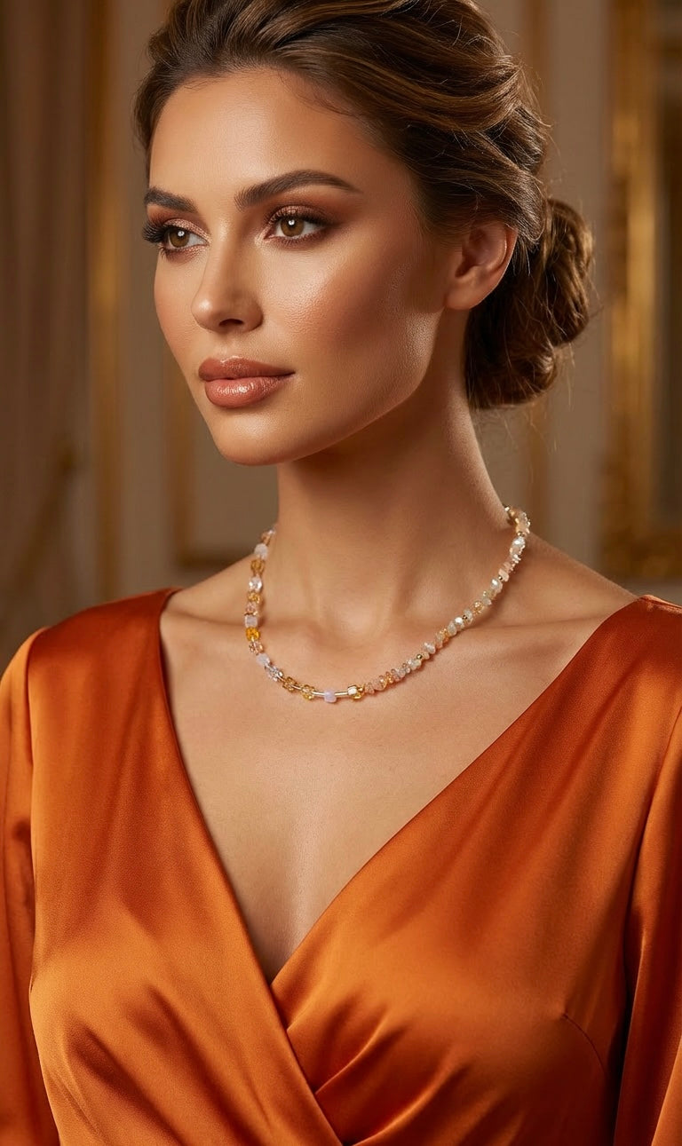 Champagne Crystal Glass Necklace – Gold Stainless Steel