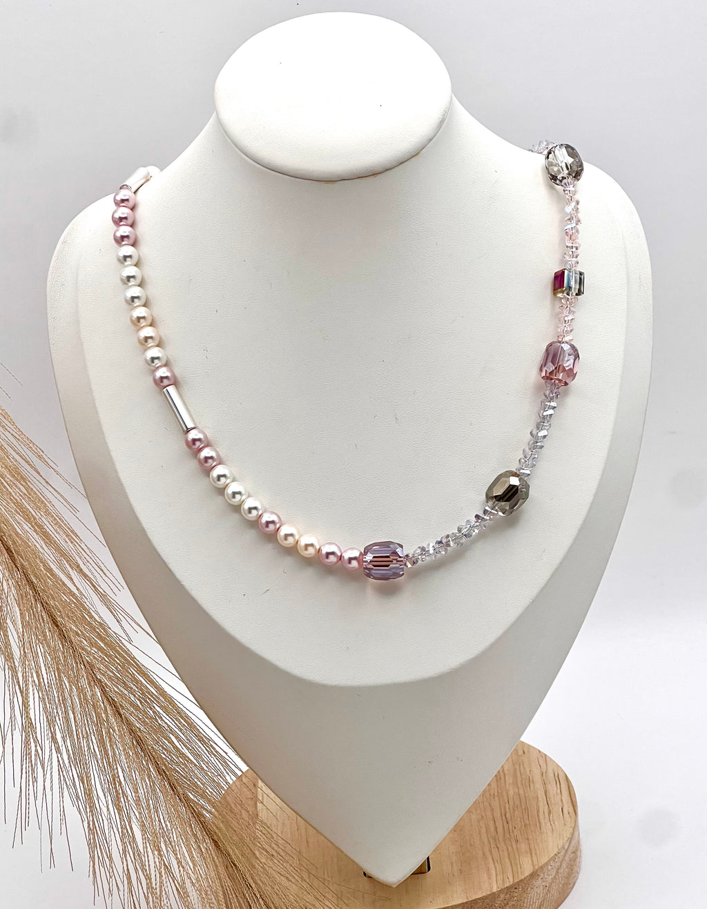 Lily of the Valley - Light pink and grey crystal glass stones necklace with a silver-plated lobster clasp