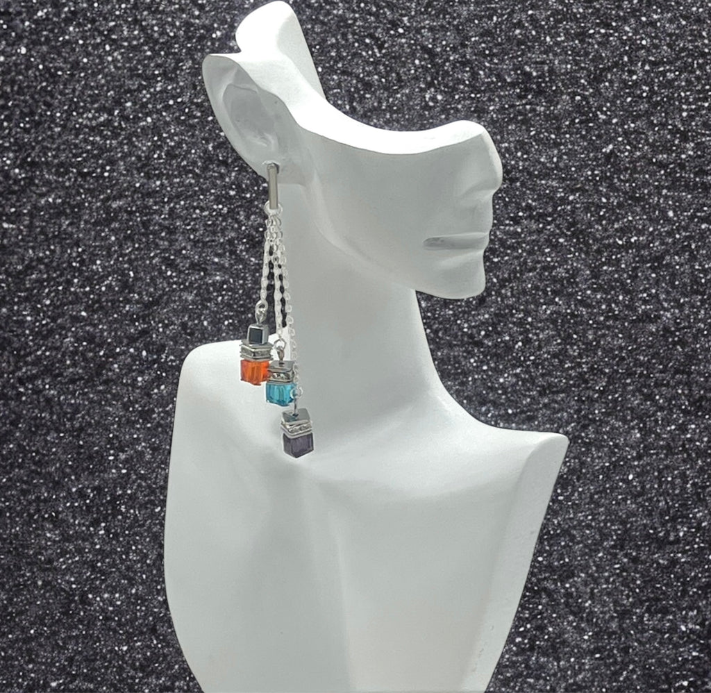 Multicolour Cube Crystal Glass Drop Earrings | Silver Stainless Steel